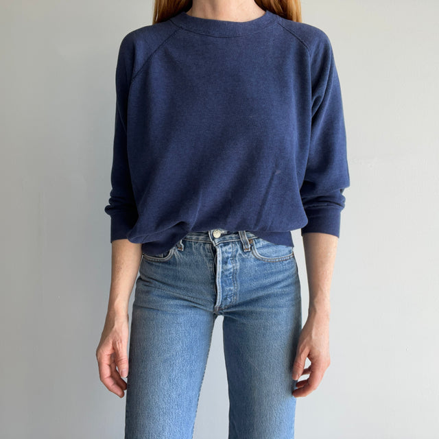 1980s Thinned Out and Bleach Stained Blank Navy Sweatshirt
