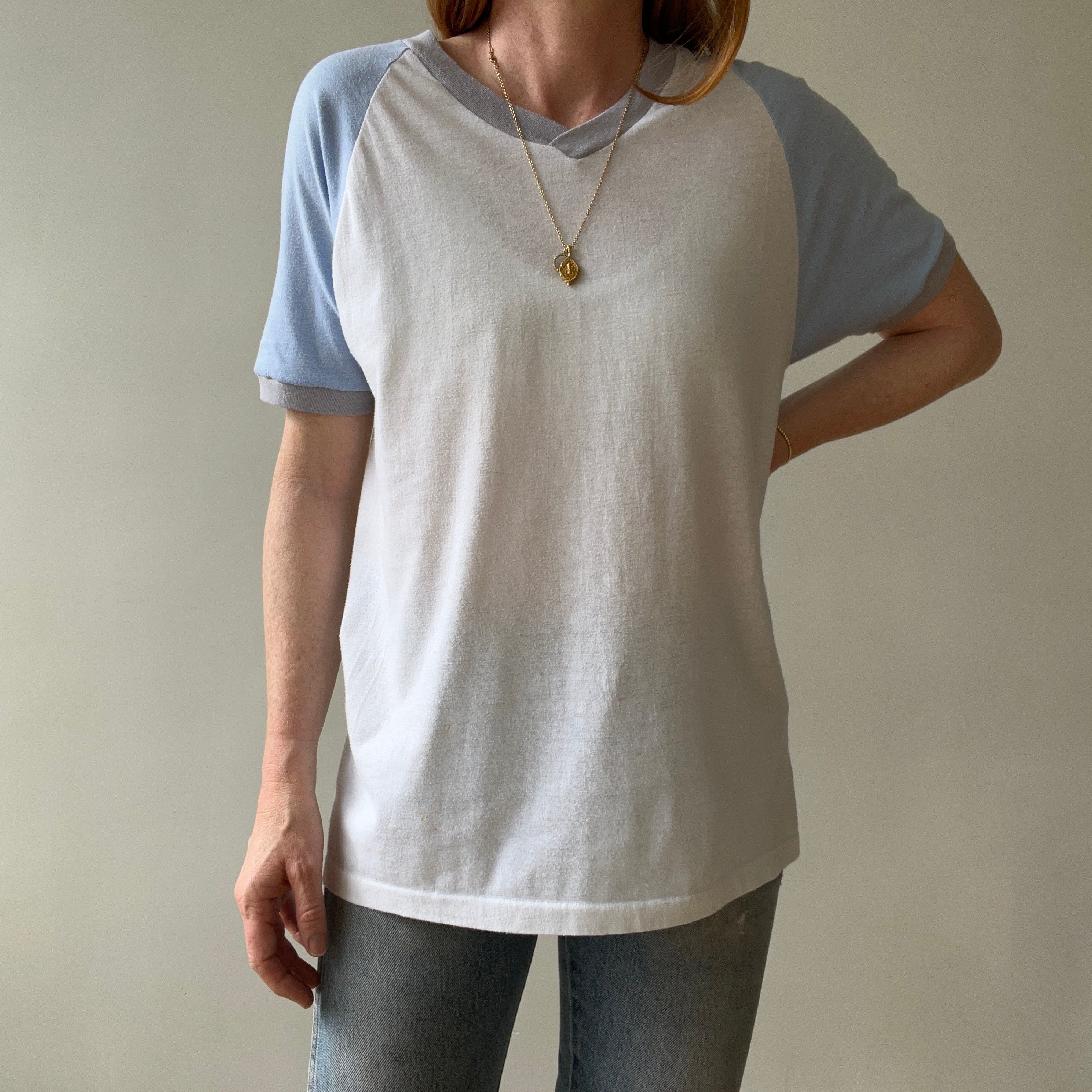 1980s Baby Blue And White Raglan Sleeve T Shirt