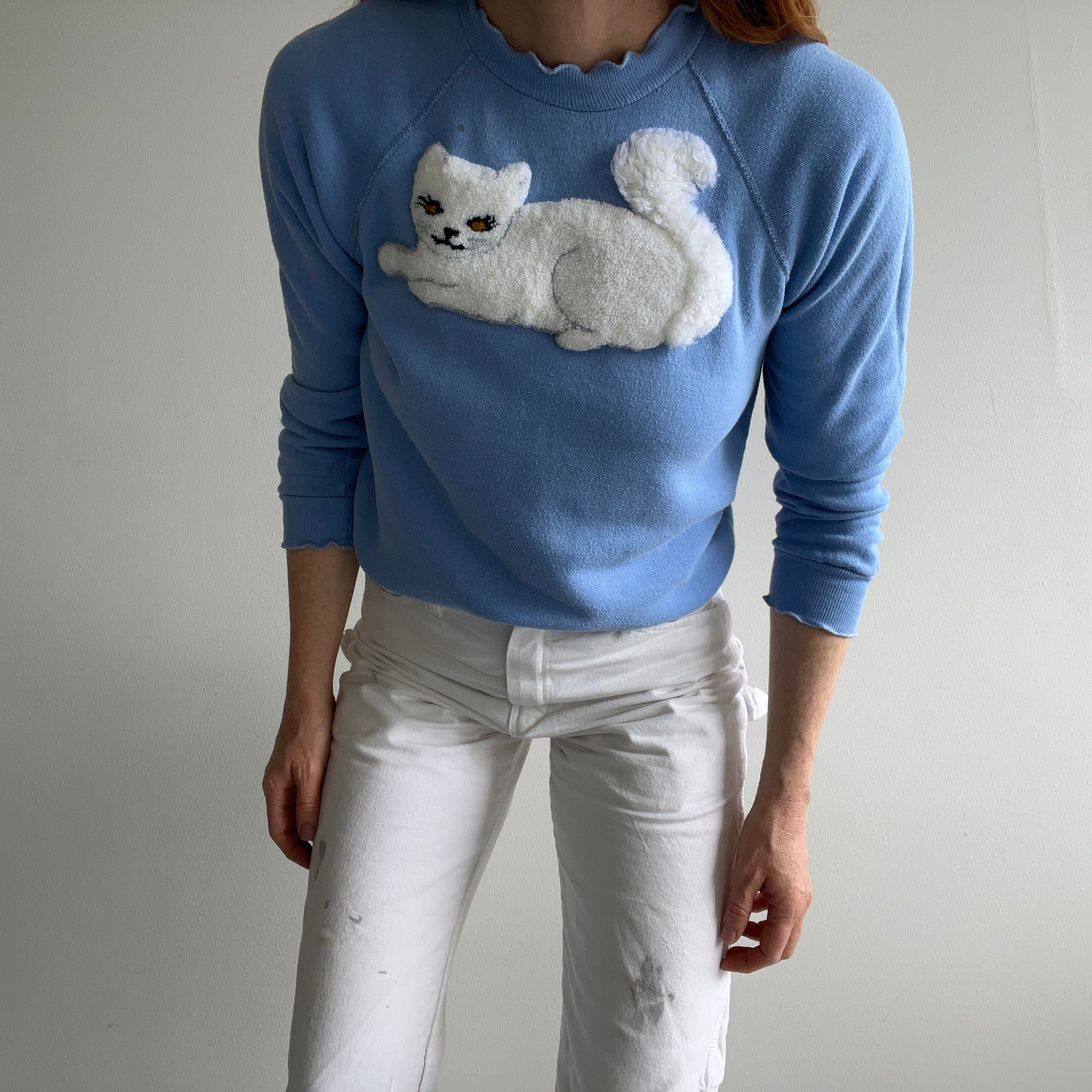 1980s DIY FLuffy Fuzzy White Cat with Ruffled Cuffs Sweatshirt - Like, Woah