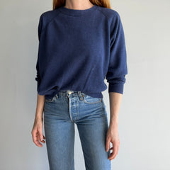 1980s Thinned Out and Bleach Stained Blank Navy Sweatshirt