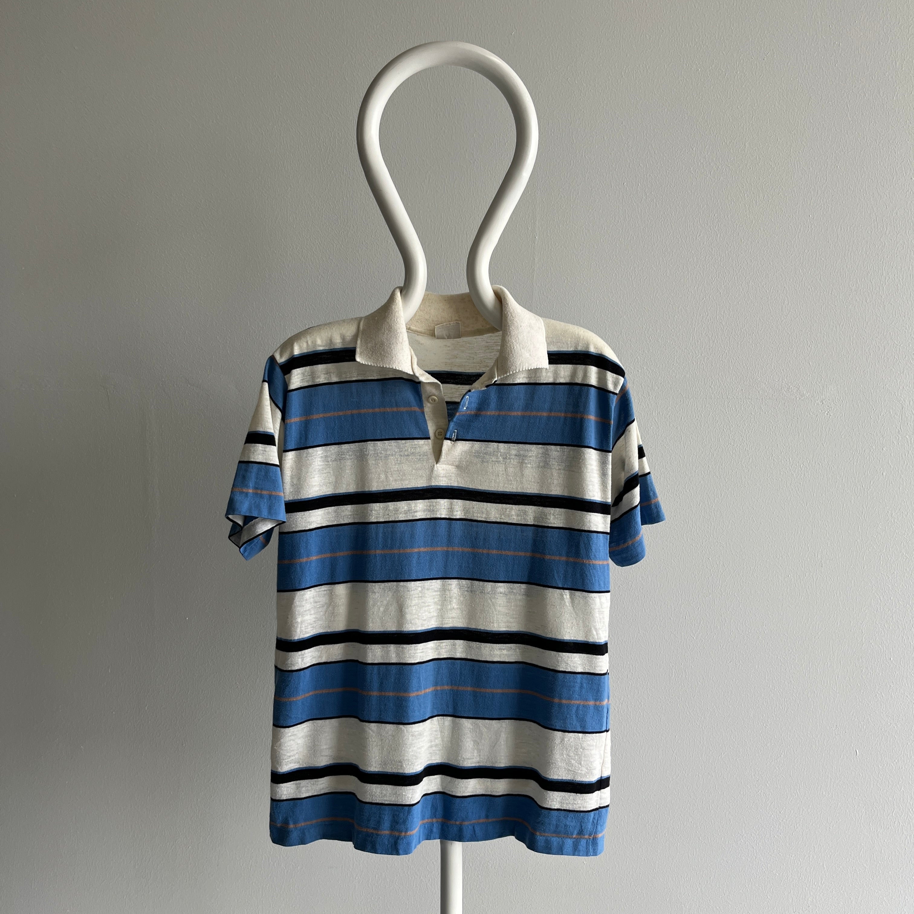 1980s Blue and White Striped Polo Shirt