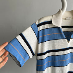 1980s Blue and White Striped Polo Shirt