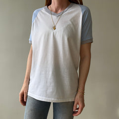 1980s Baby Blue And White Raglan Sleeve T Shirt