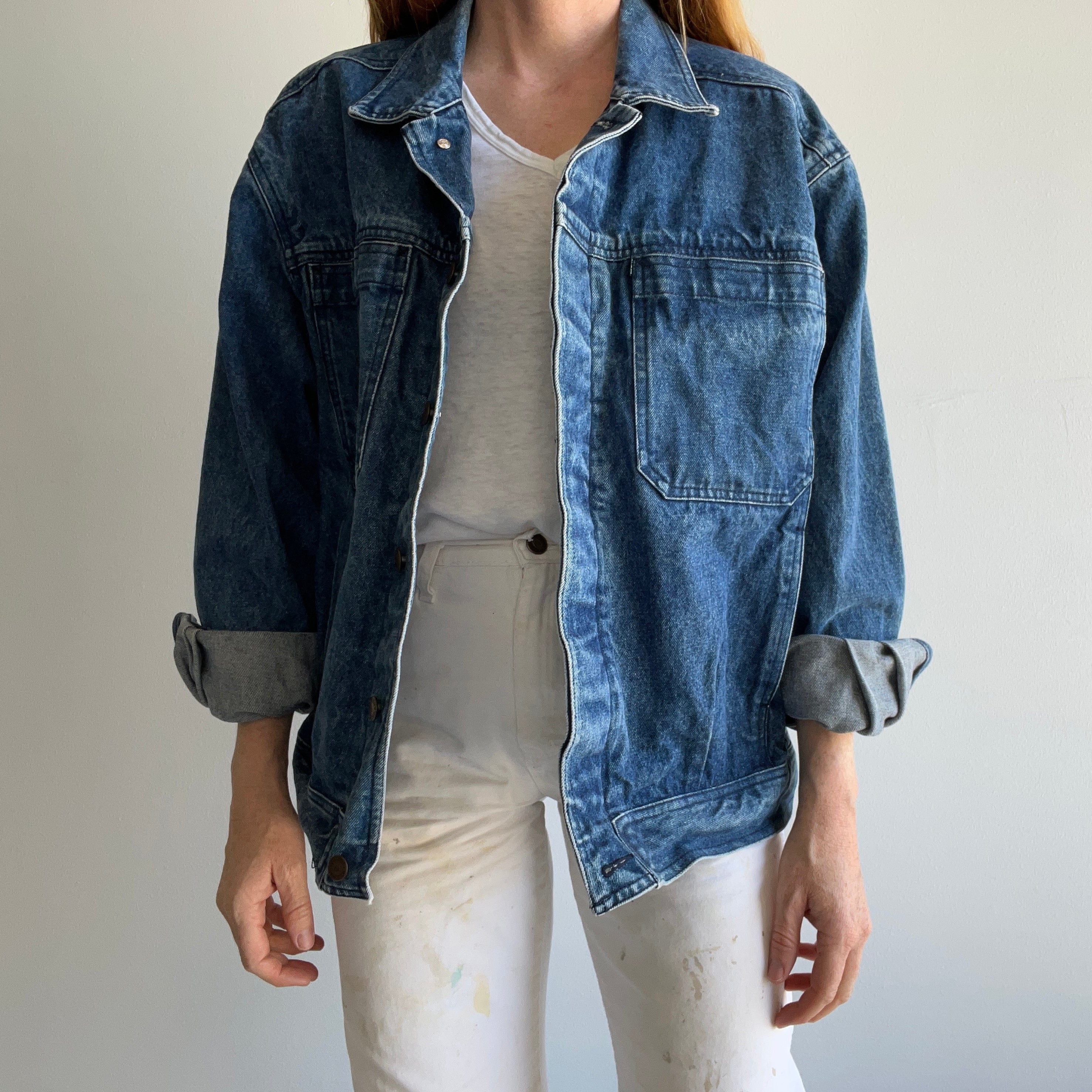 1990s Smith & Hawkens Larger Denim Jean Jacket with Awesome Pleats and Velcro