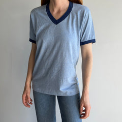 1970s Two Tone Blue V-Neck Ring T-Shirt