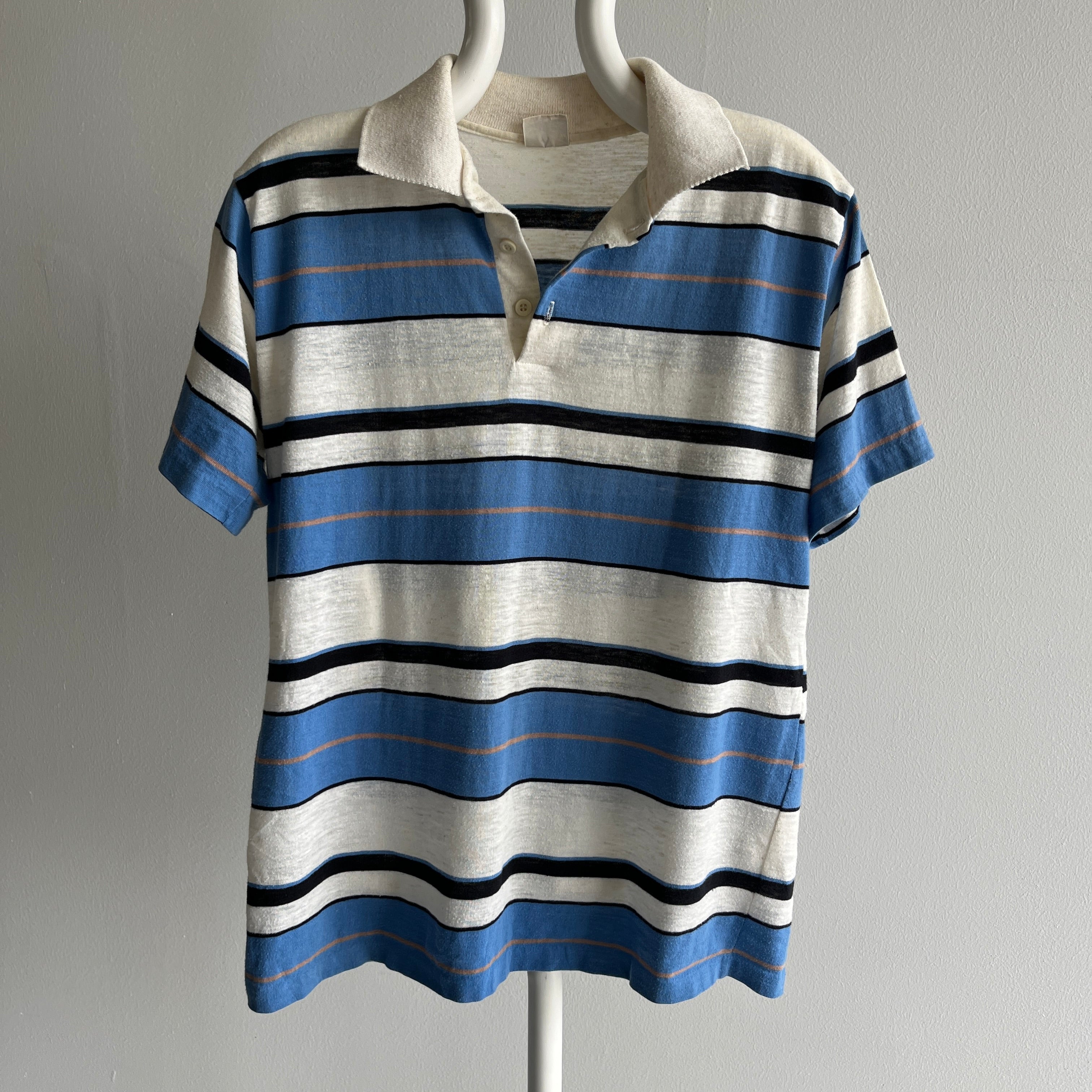 1980s Blue and White Striped Polo Shirt