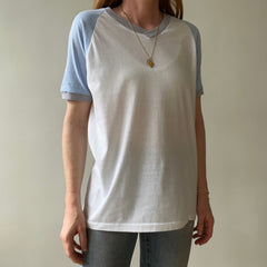 1980s Baby Blue And White Raglan Sleeve T Shirt