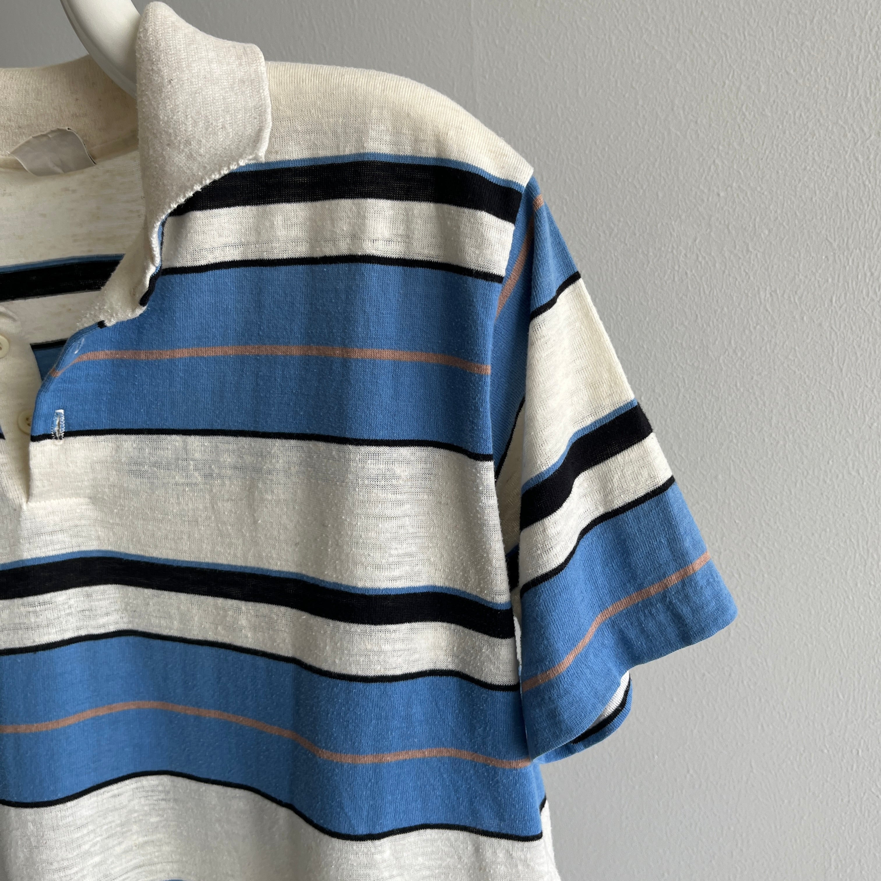 1980s Blue and White Striped Polo Shirt