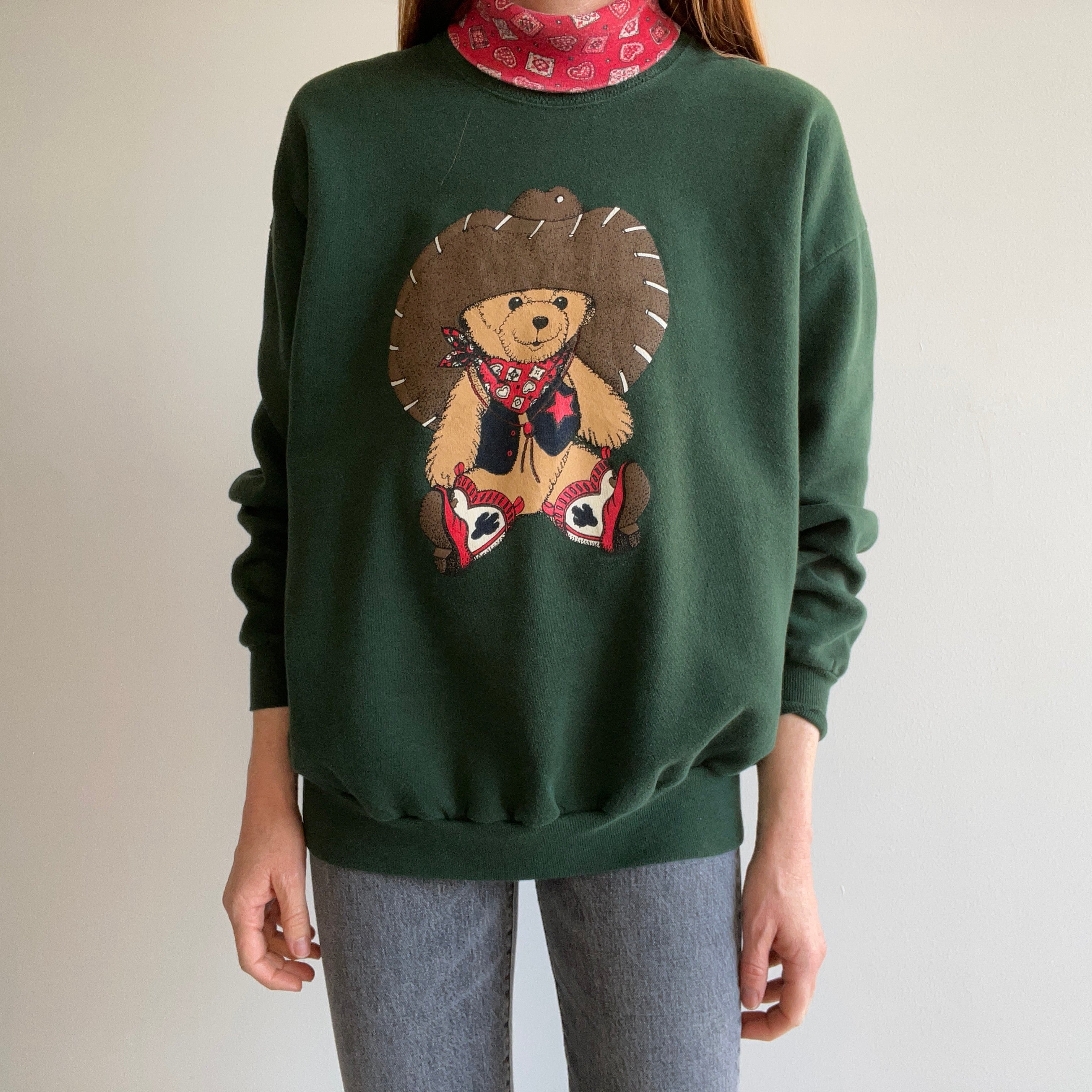 1980s Built In Turtle Neck Cowboy Teddy Bear Sweatshirt - Yes, This Exists