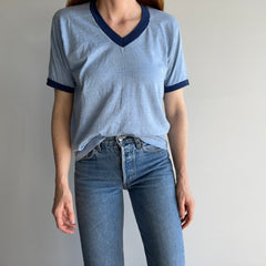 1970s Two Tone Blue V-Neck Ring T-Shirt