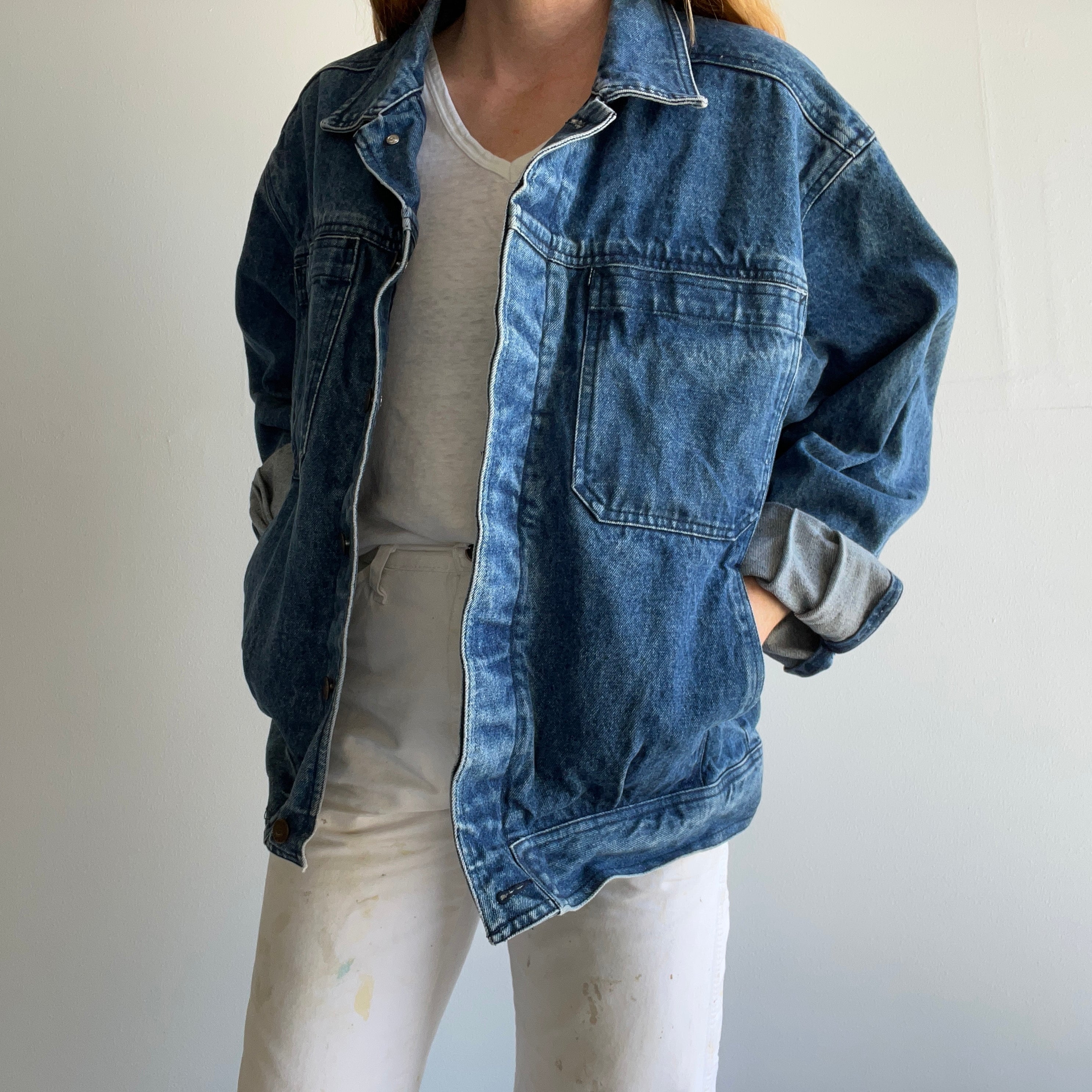 1990s Smith & Hawkens Larger Denim Jean Jacket with Awesome Pleats and Velcro