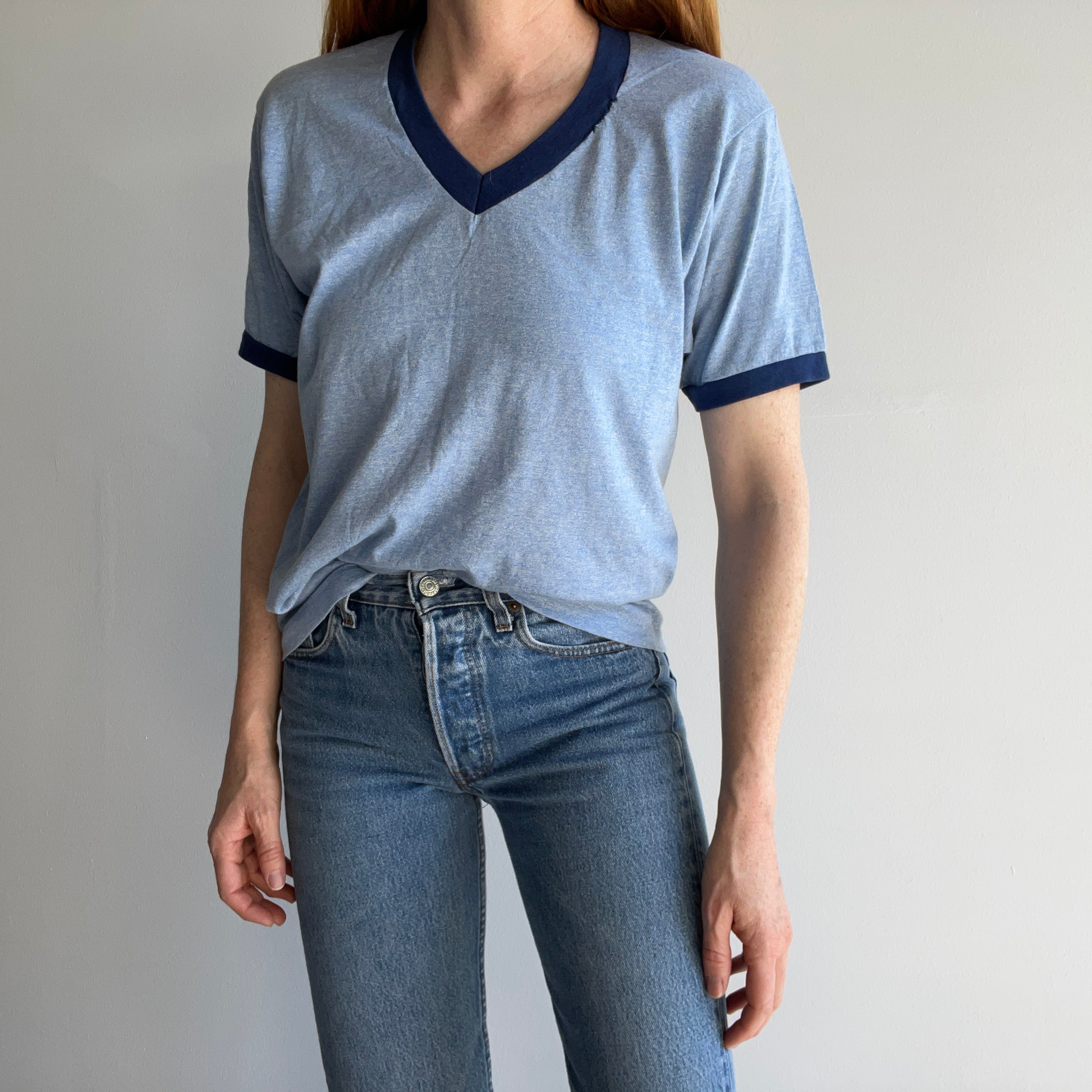 1970s Two Tone Blue V-Neck Ring T-Shirt