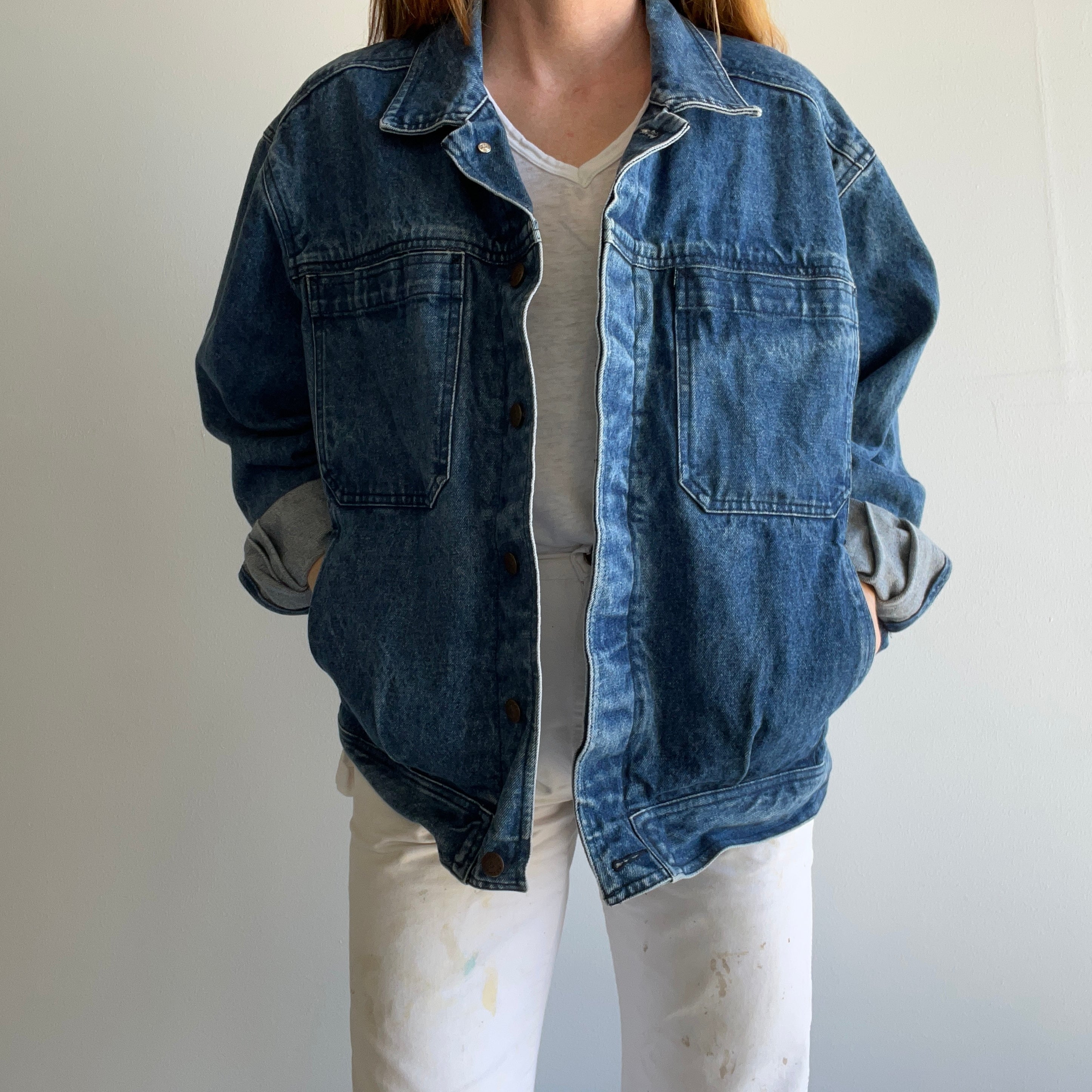 1990s Smith & Hawkens Larger Denim Jean Jacket with Awesome Pleats and Velcro