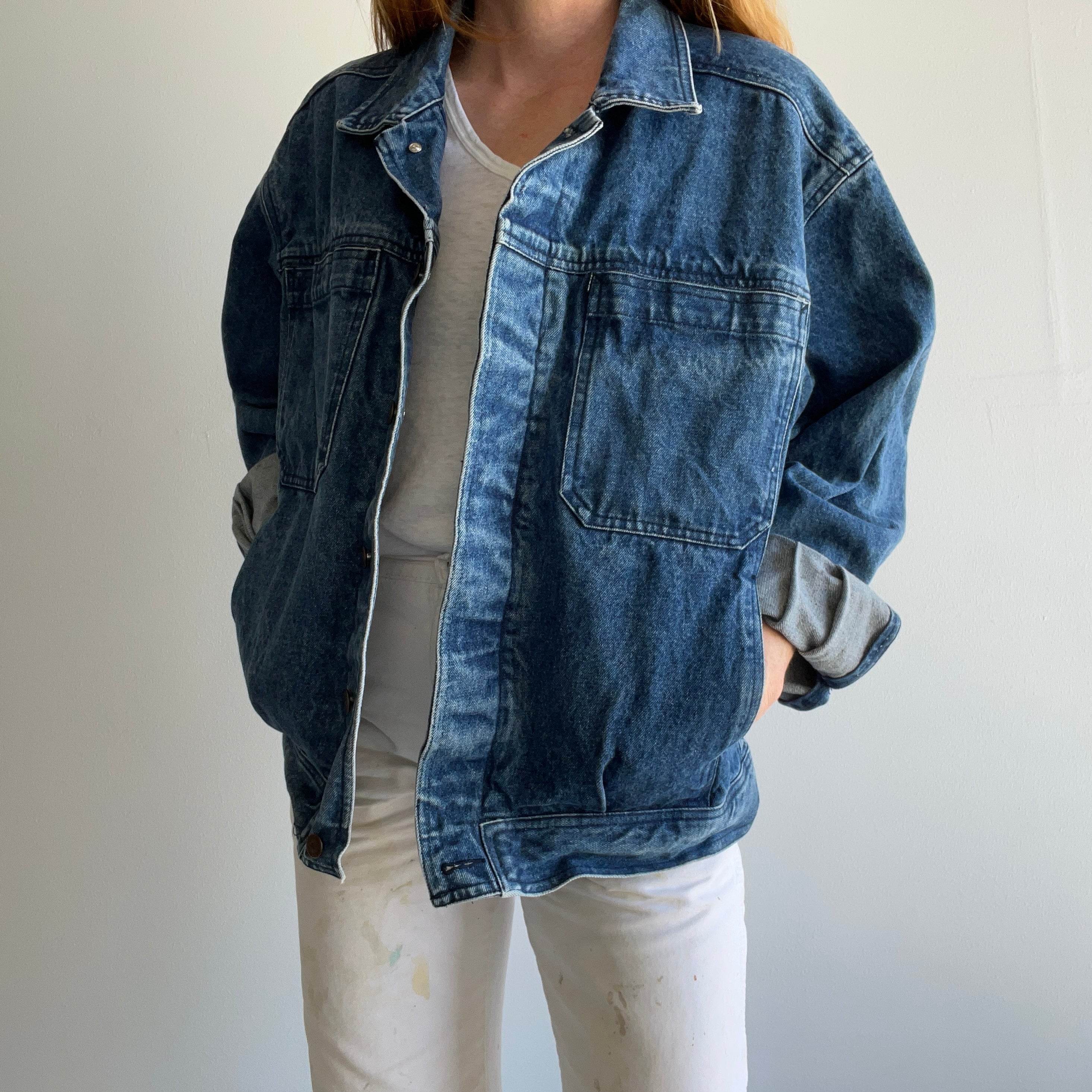 1990s Smith & Hawkens Larger Denim Jean Jacket with Awesome Pleats and Velcro