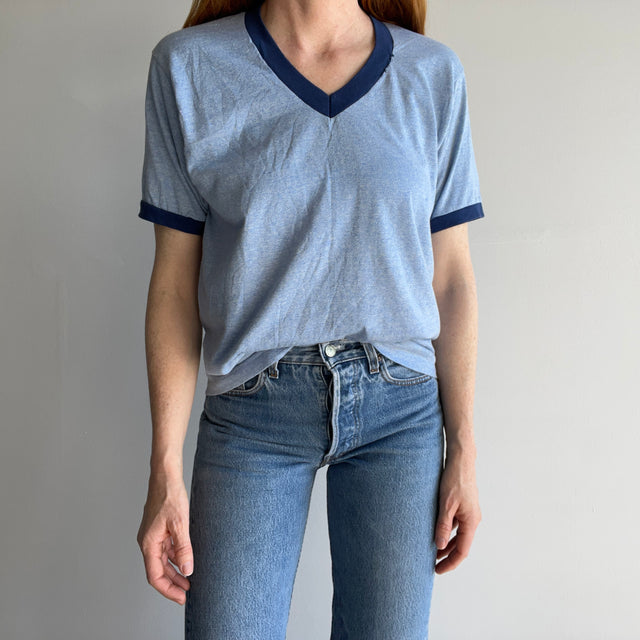 1970s Two Tone Blue V-Neck Ring T-Shirt