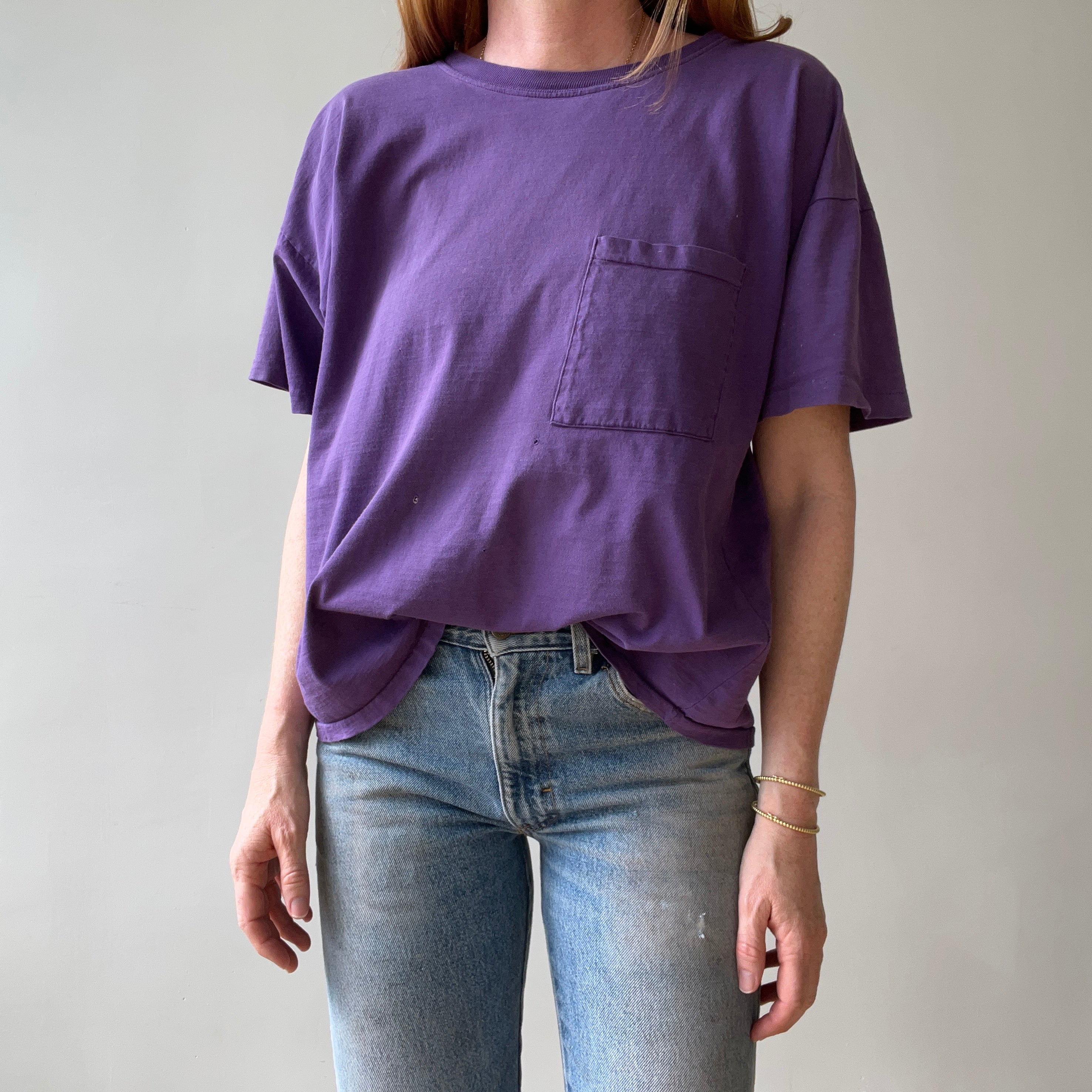 1980s Faded Boxy Purple Pocket T Shirt