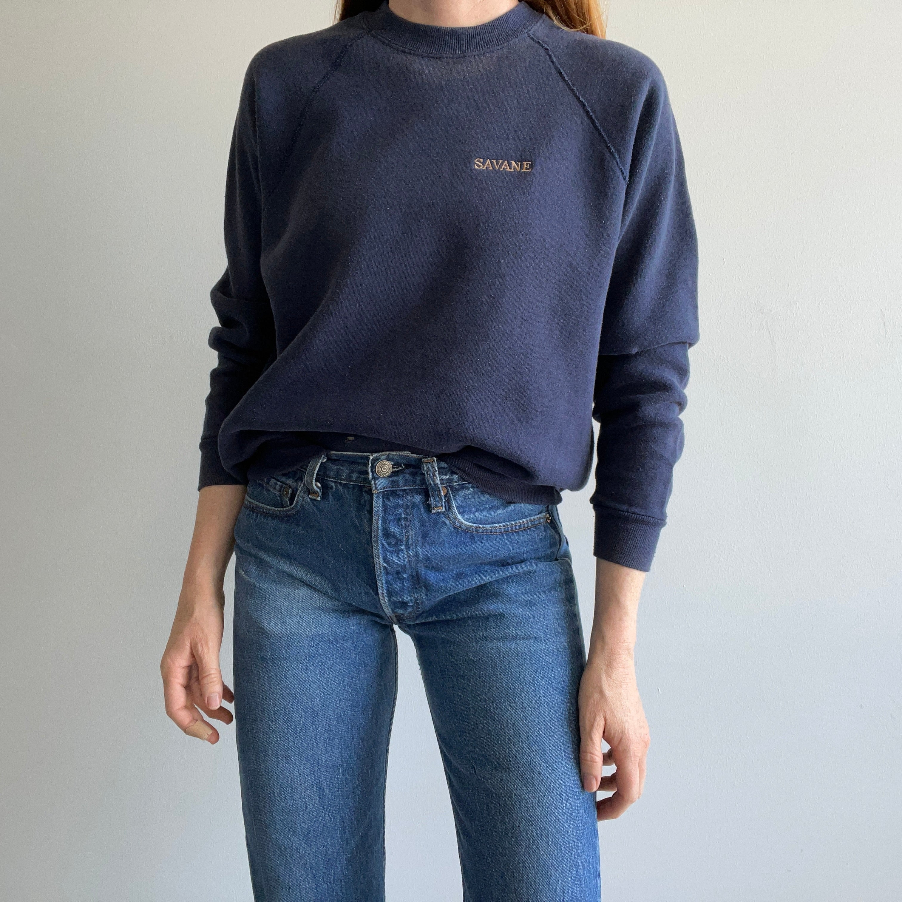 1980s Savane Sun Faded Navy Raglan Sweatshirt