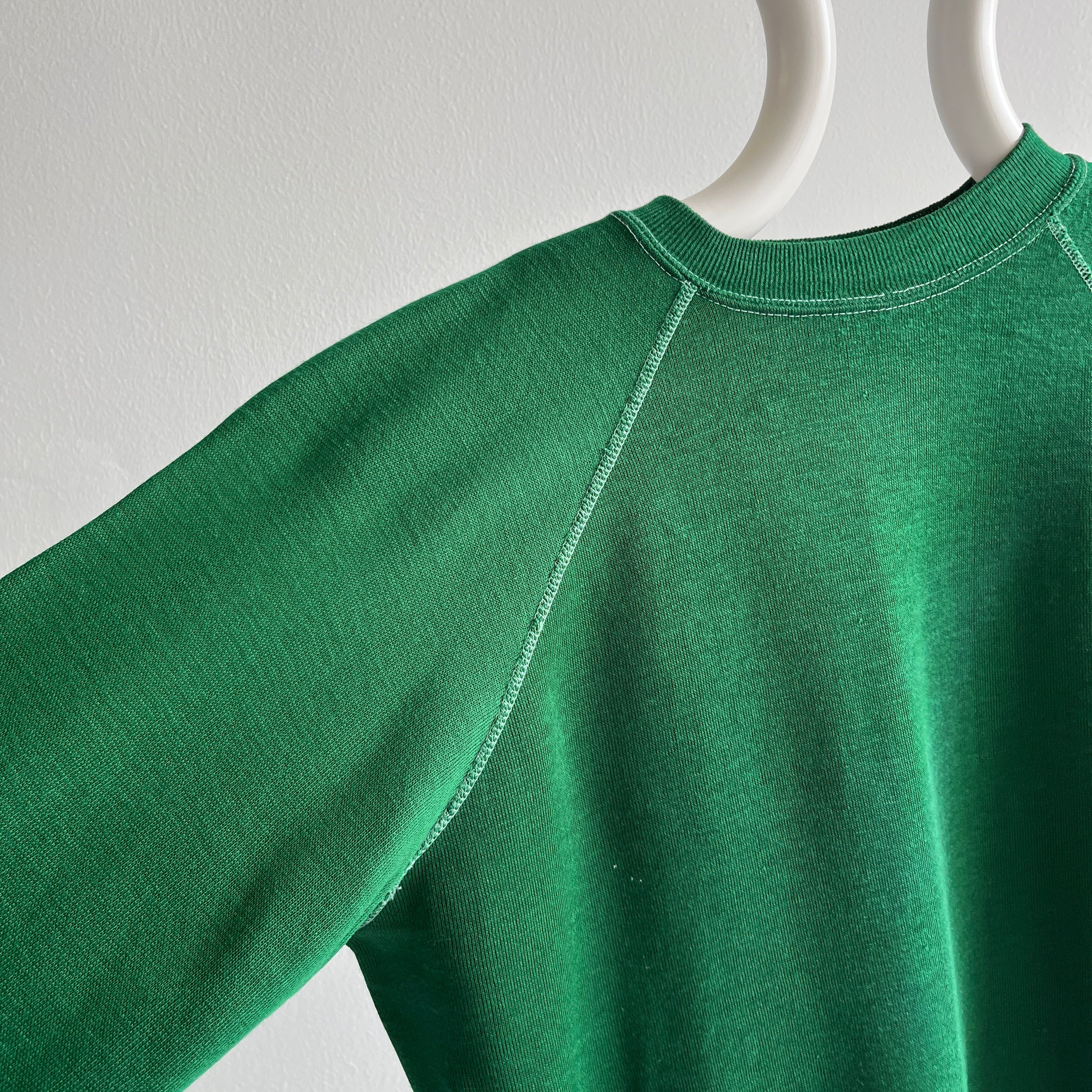 1970s Contrast Stitch Acrylic Deep Green Raglan Sweatshirt - WOW