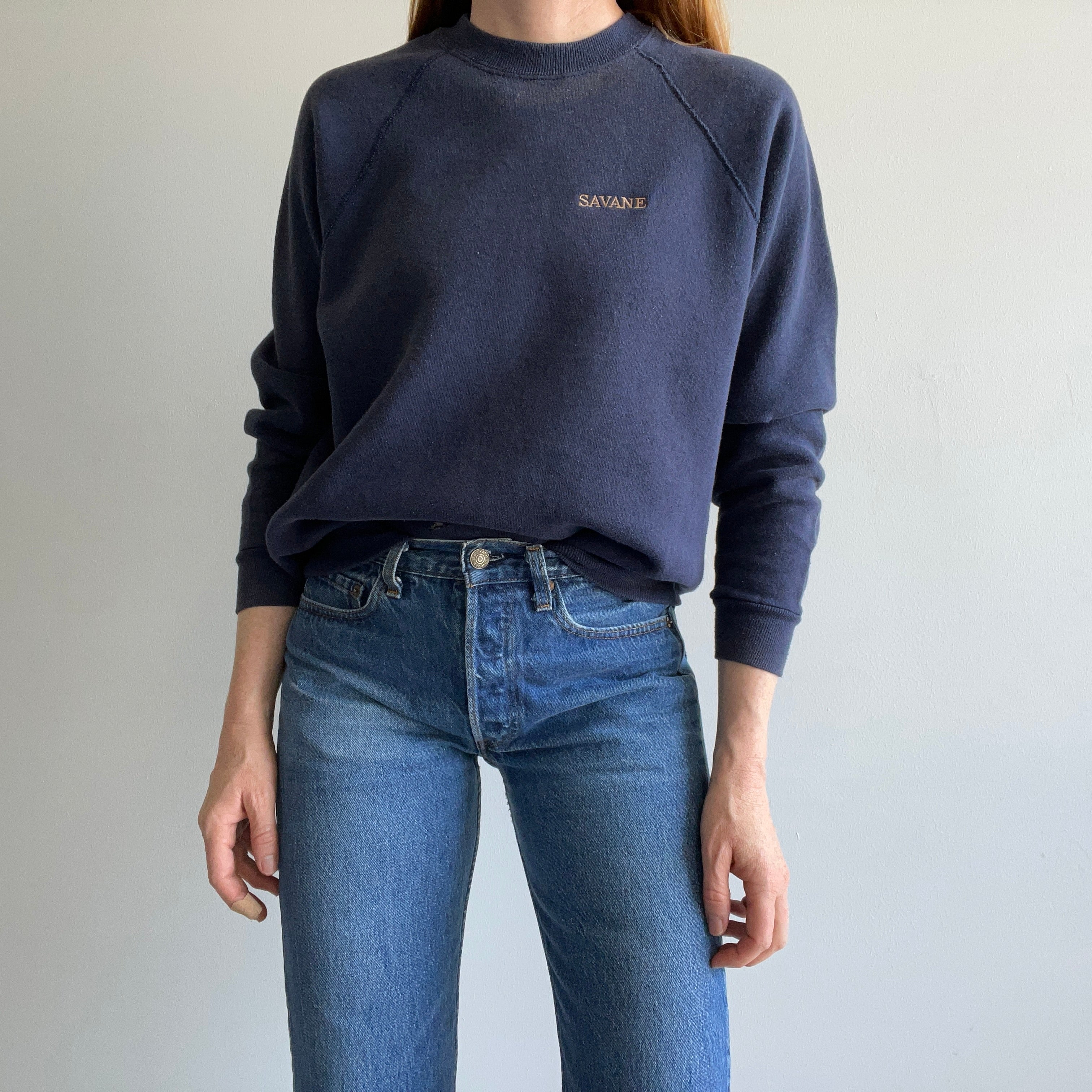 1980s Savane Sun Faded Navy Raglan Sweatshirt