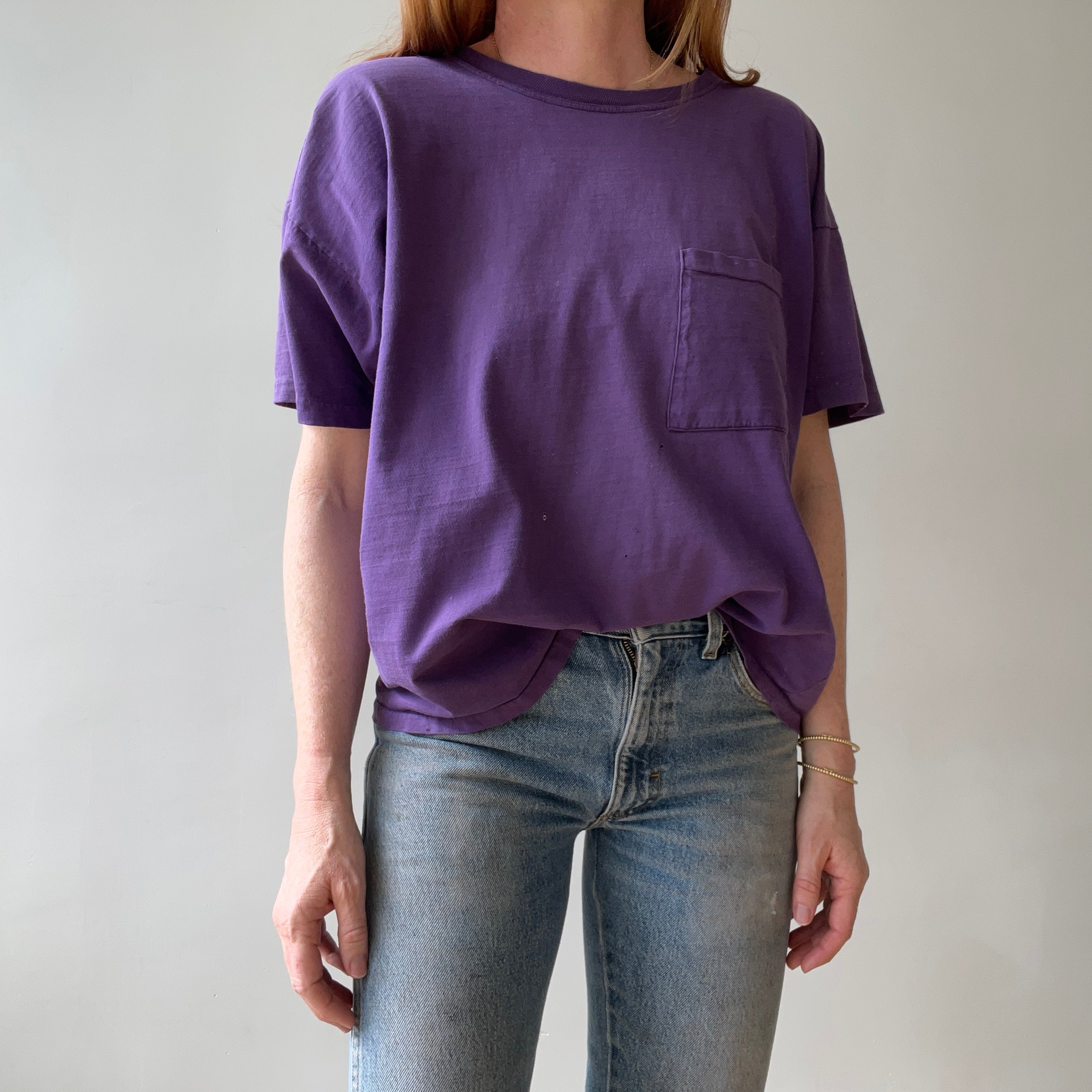 1980s Faded Boxy Purple Pocket T Shirt