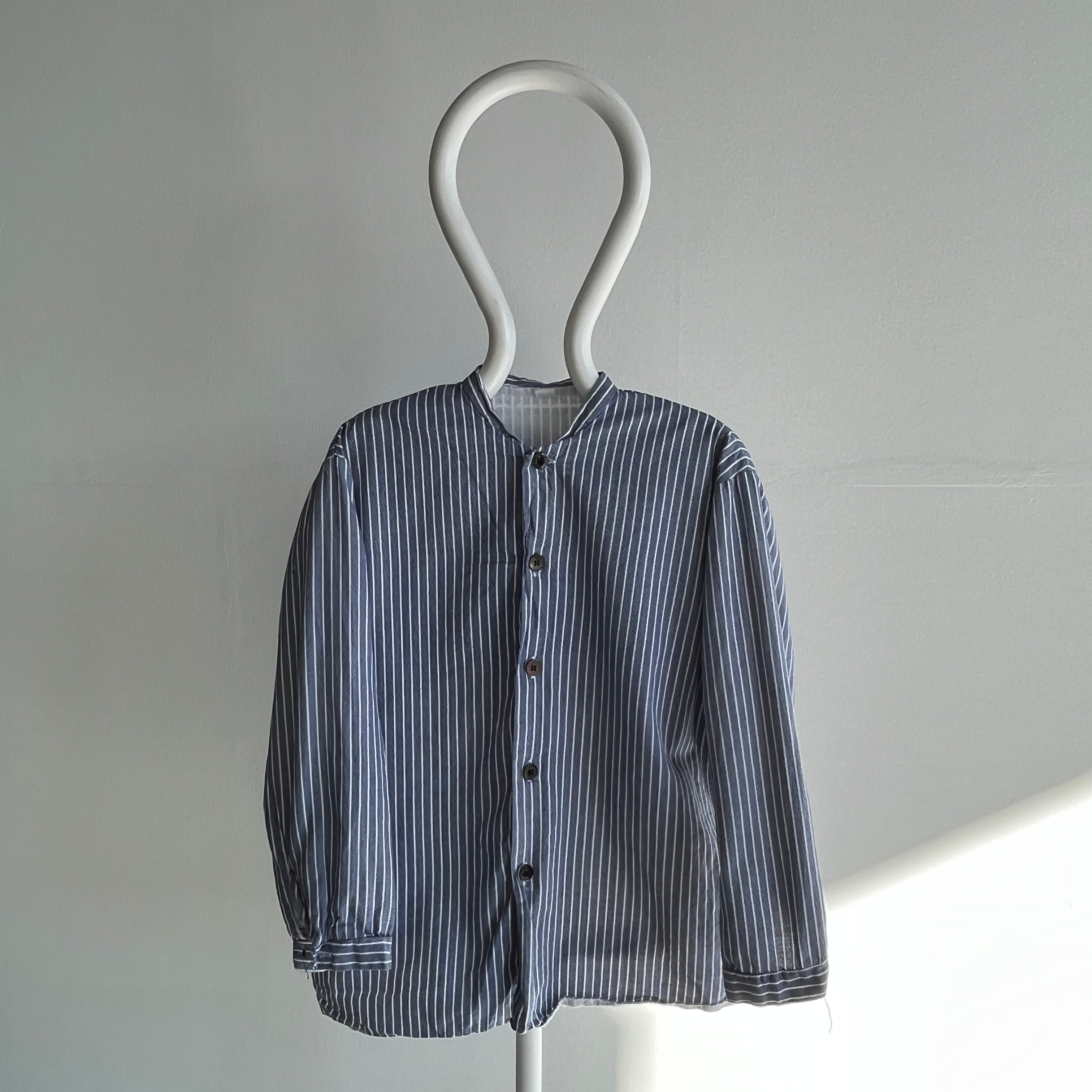 1980s Striped French Cotton Workwear Neru Style Shirt