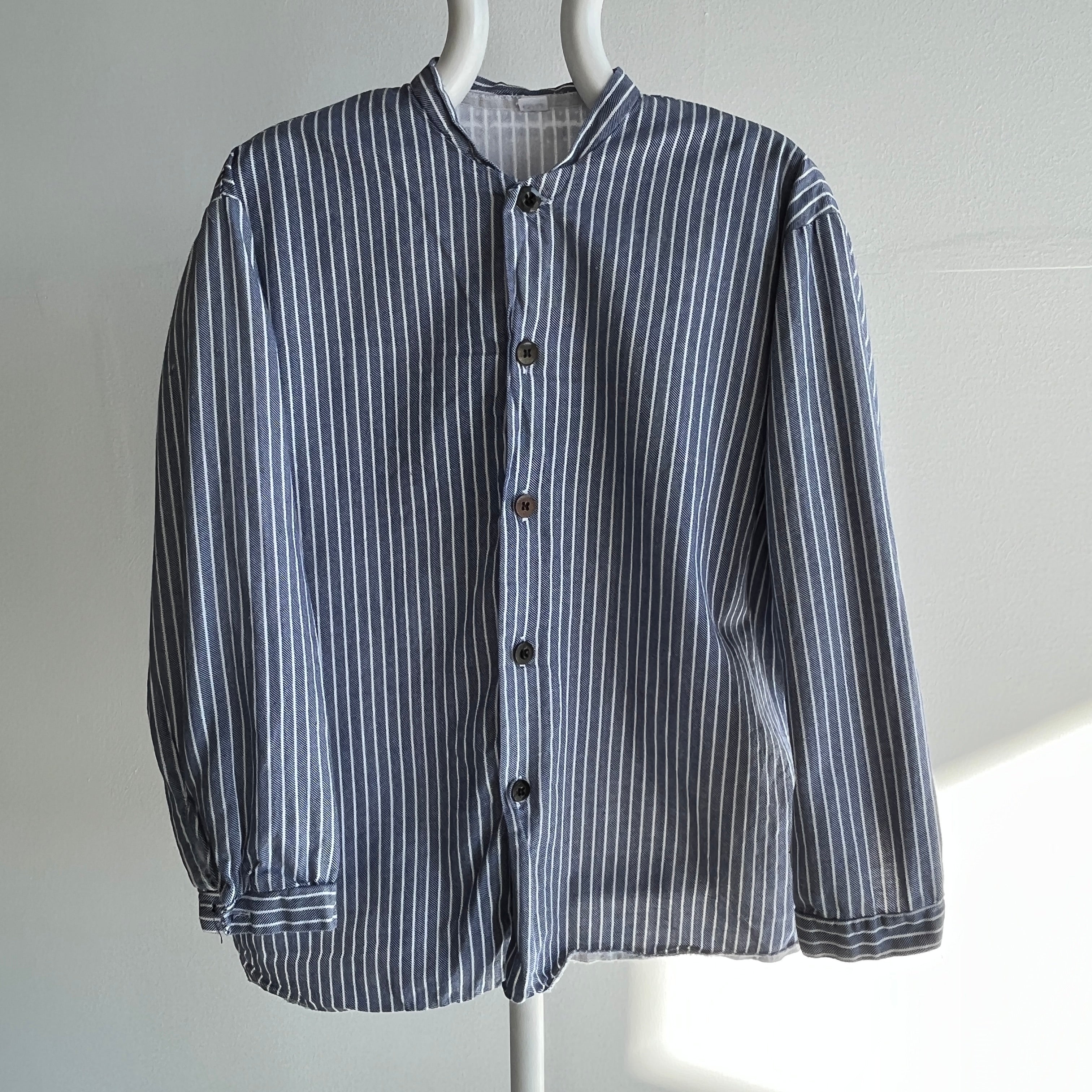 1980s Striped French Cotton Workwear Neru Style Shirt
