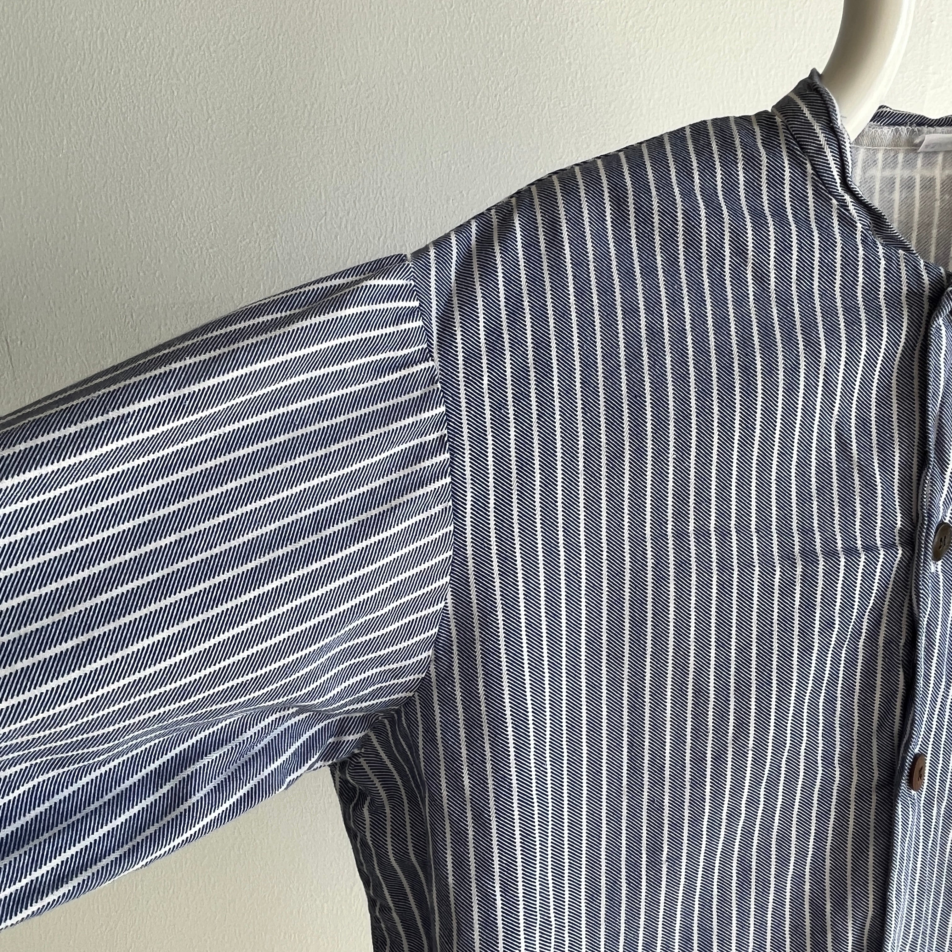 1980s Striped French Cotton Workwear Neru Style Shirt