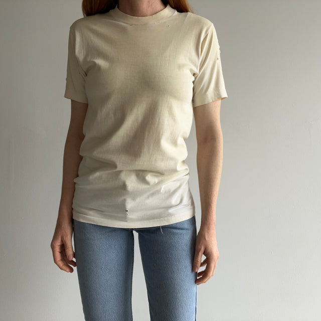 1970s Ecru Patina Blank White Beat Up T-SHirt - Above Average!