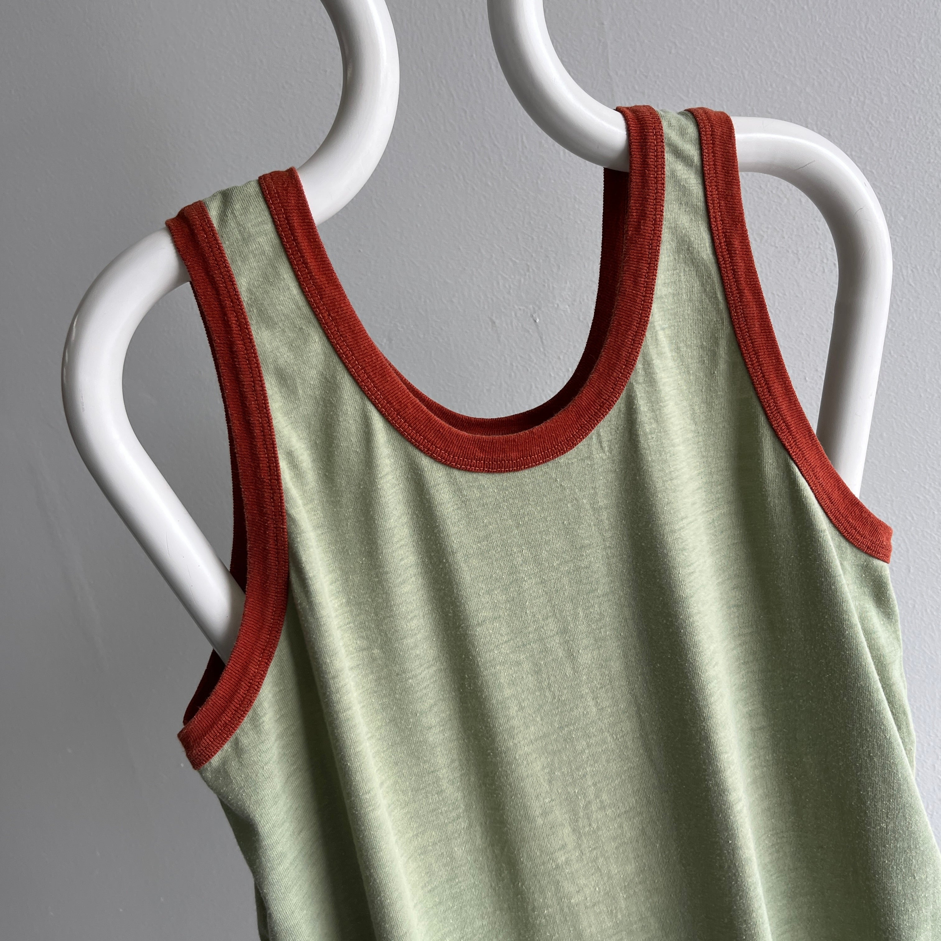 1970s Faded Jade with Rust Trim Tank Top !!!