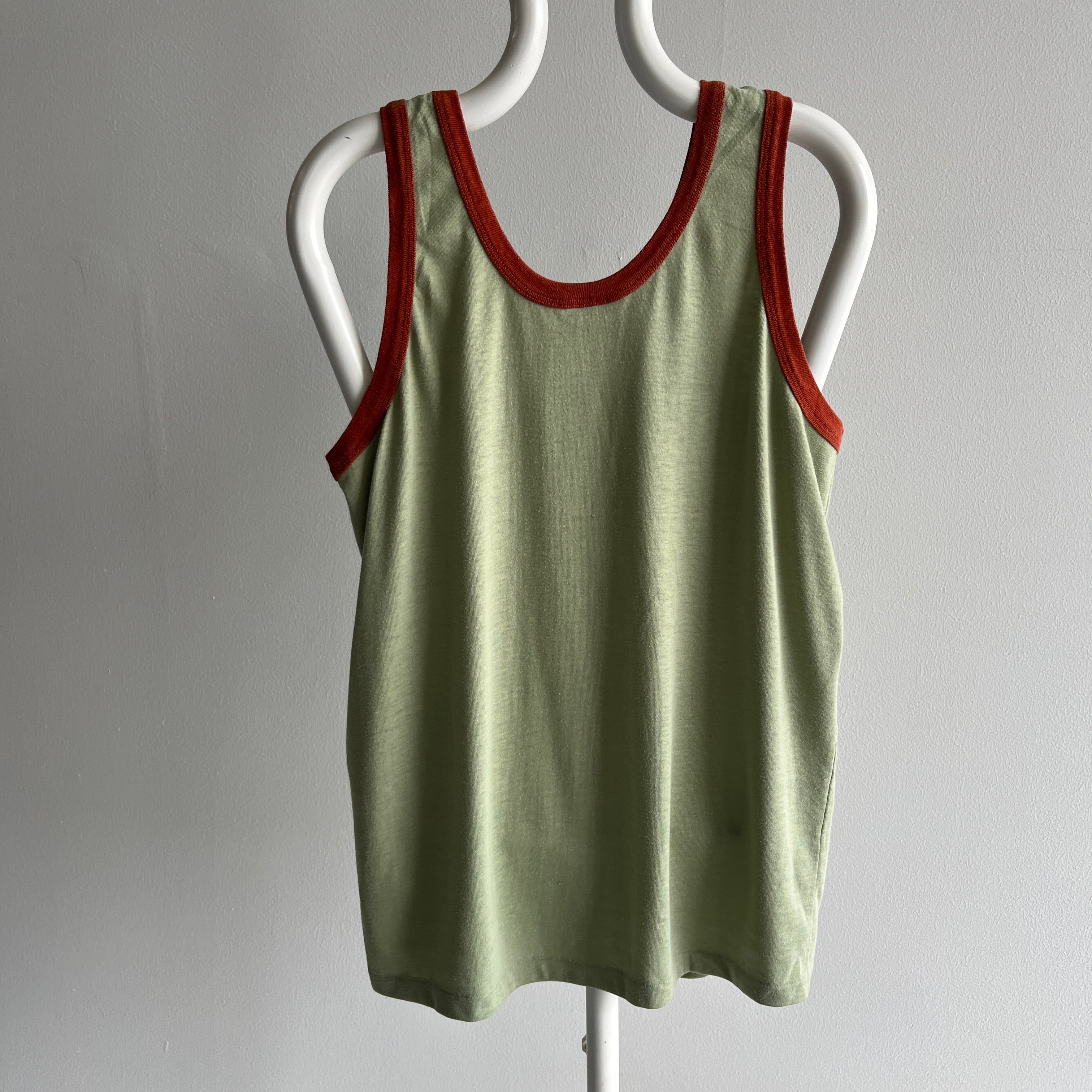 1970s Faded Jade with Rust Trim Tank Top !!!