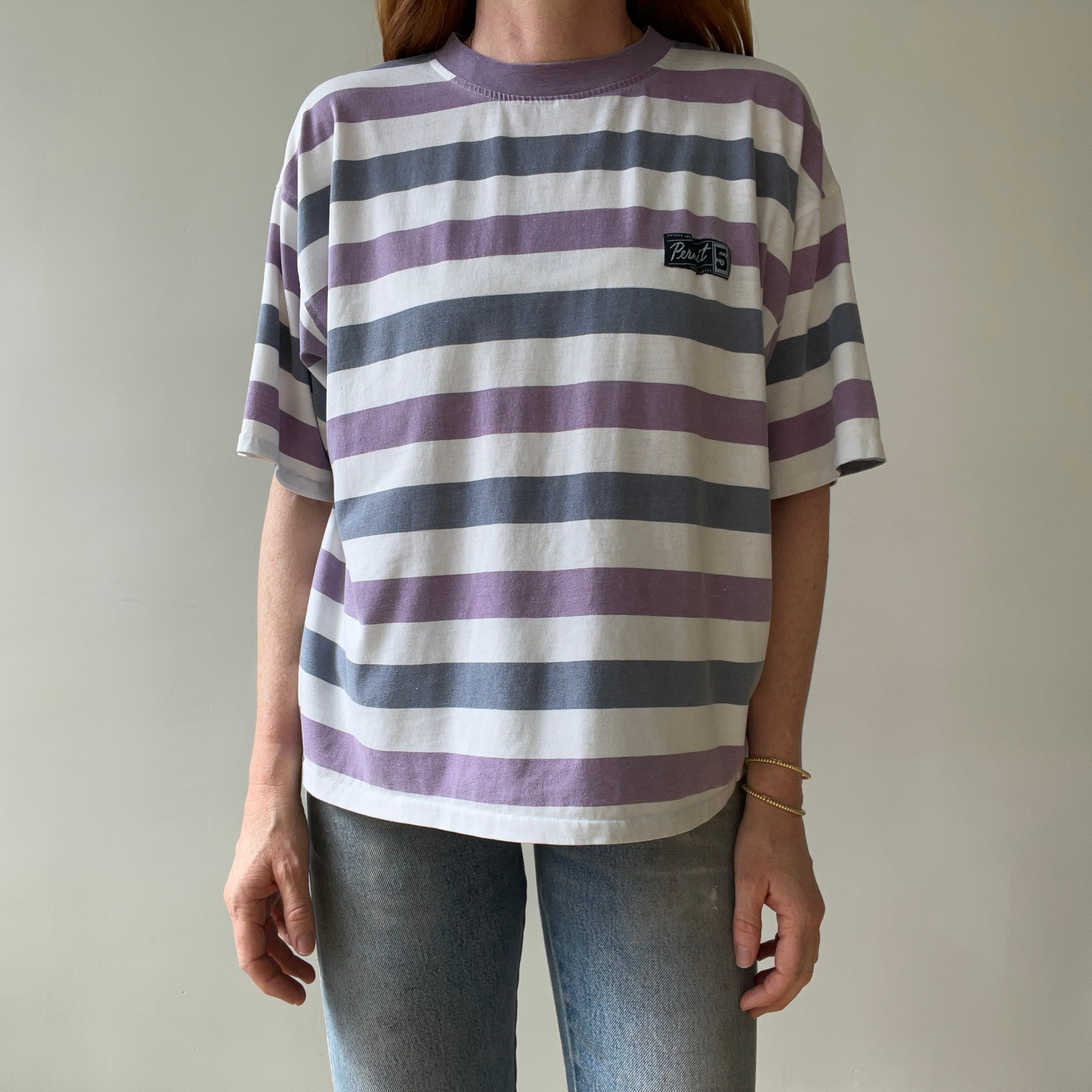 1980s/90s Boxy Pastel Purple Striped T Shirt