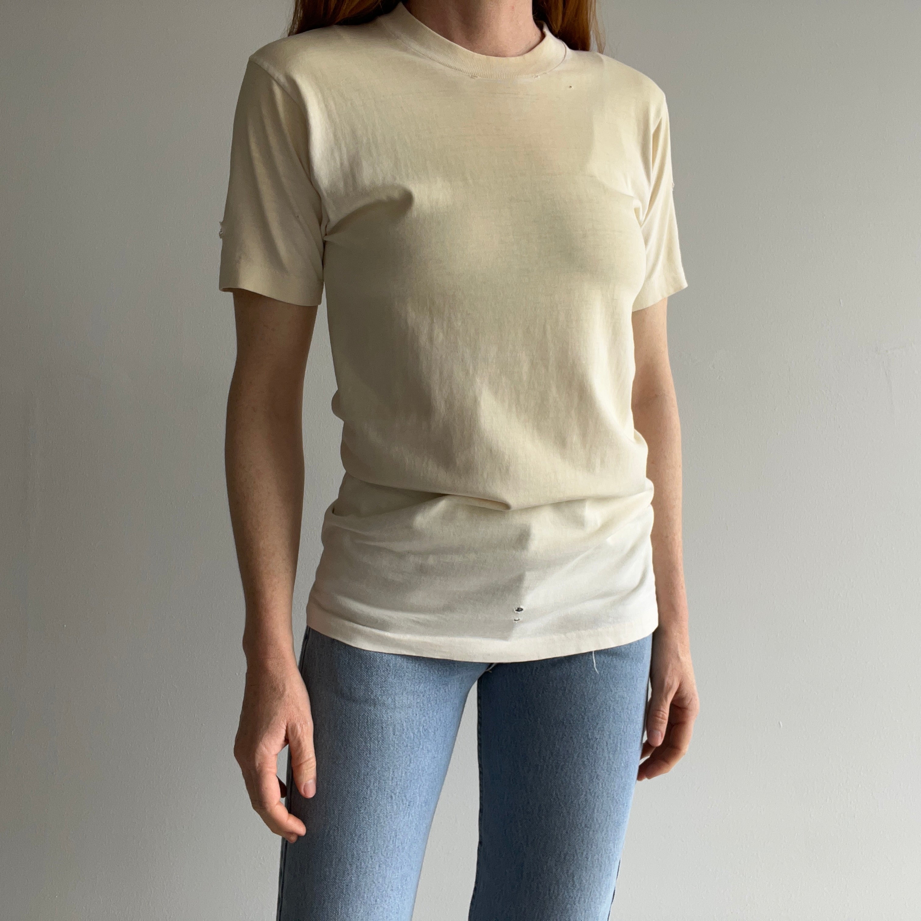 1970s Ecru Patina Blank White Beat Up T-SHirt - Above Average!