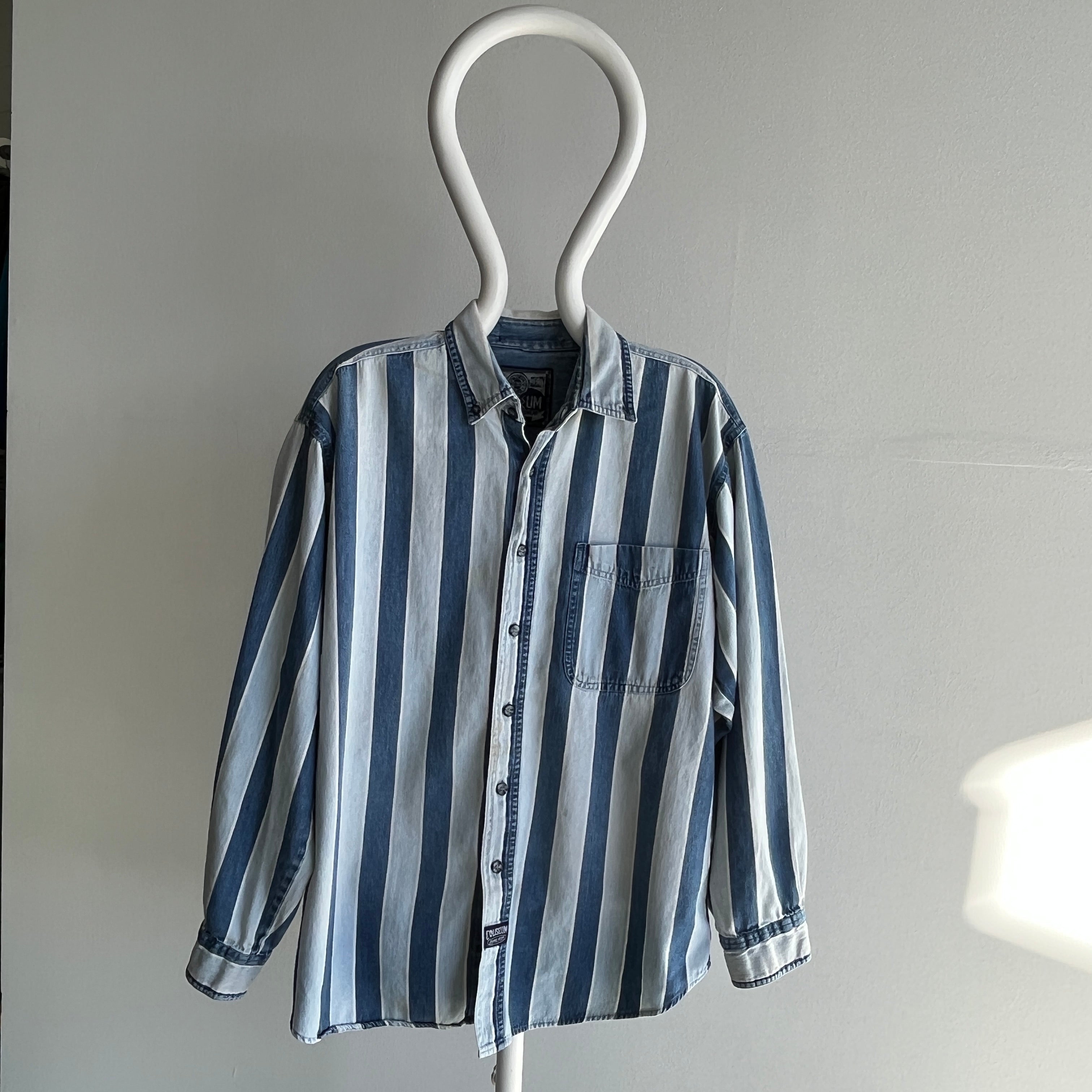 1990s Striped Denim Cotton Button Down Shirt