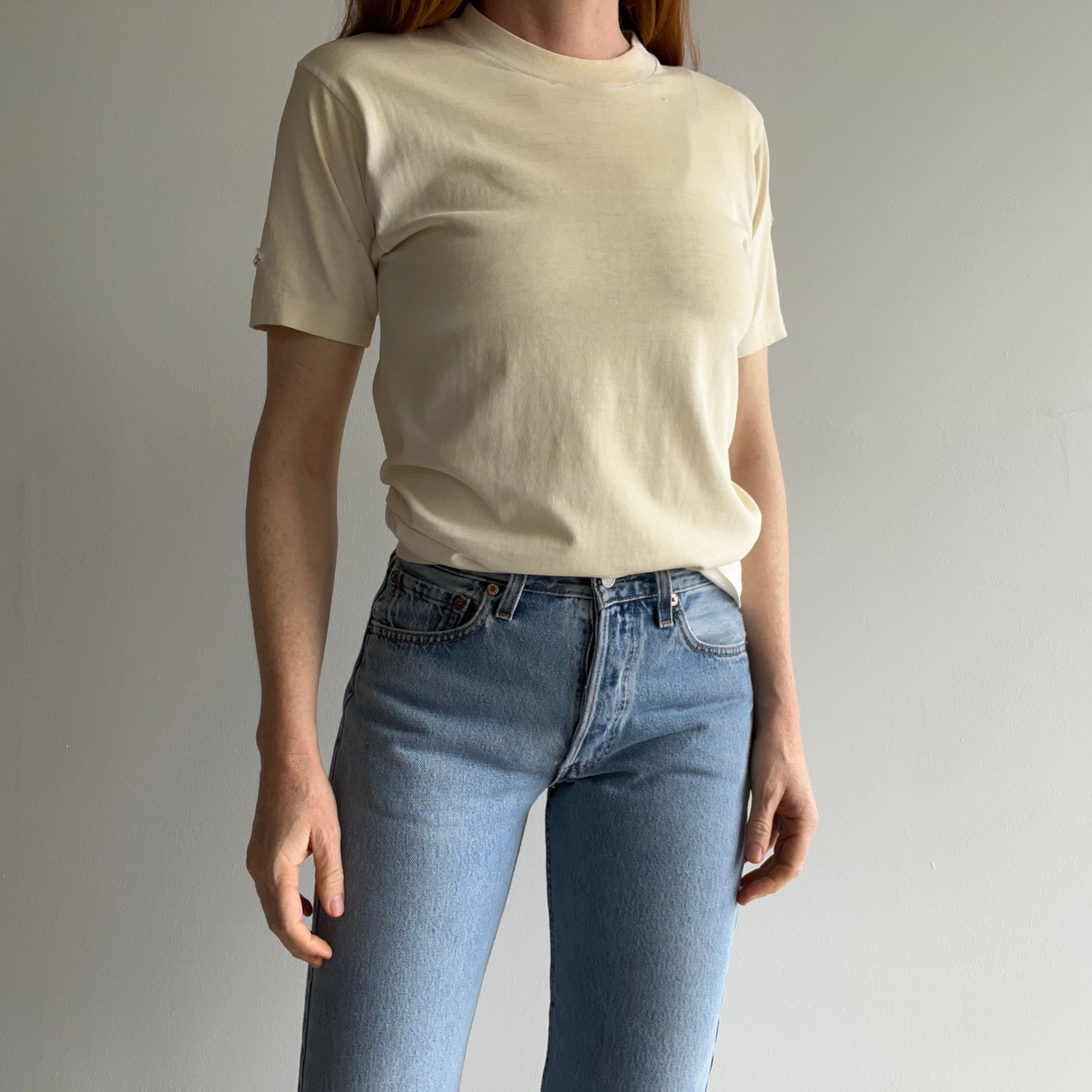 1970s Ecru Patina Blank White Beat Up T-SHirt - Above Average!