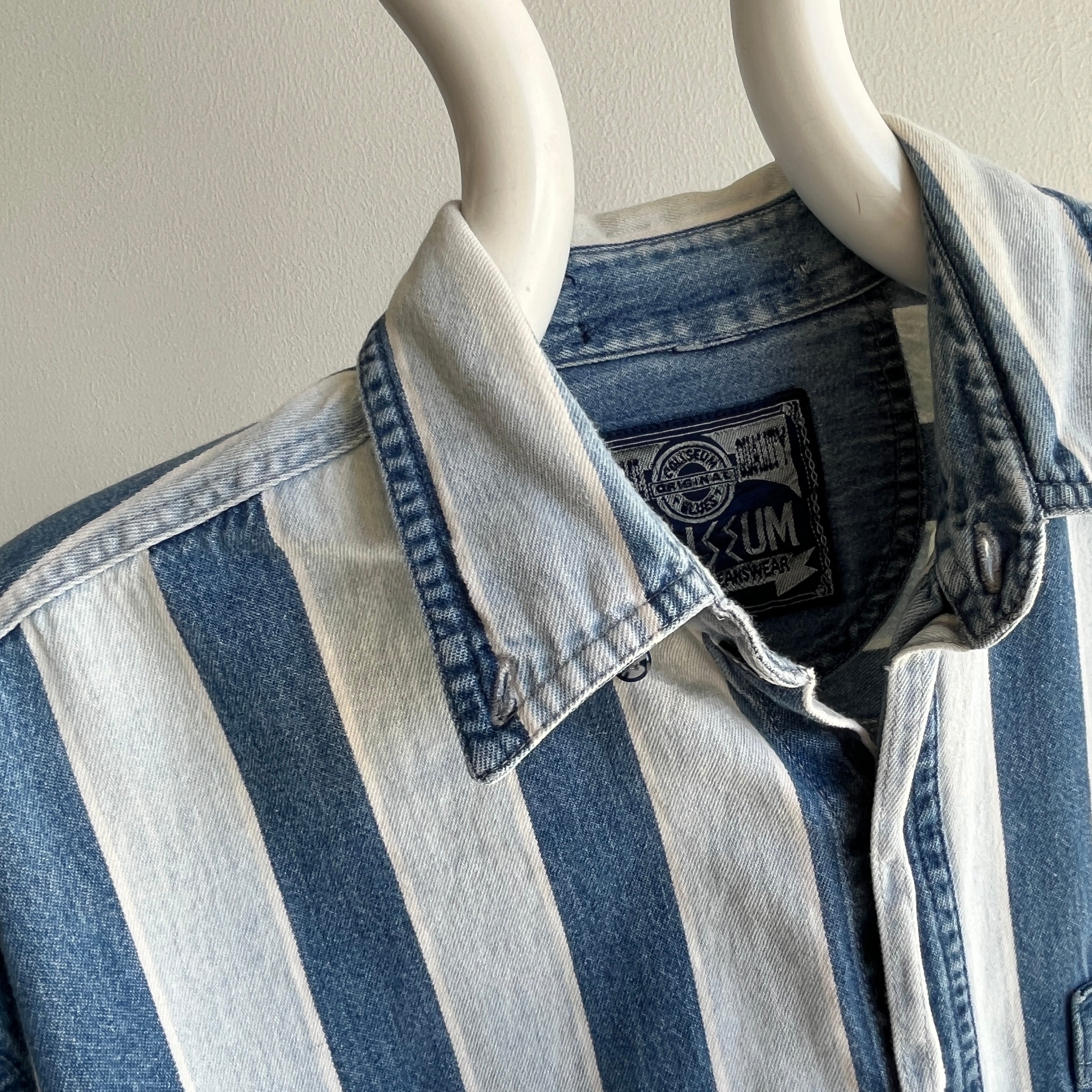 1990s Striped Denim Cotton Button Down Shirt