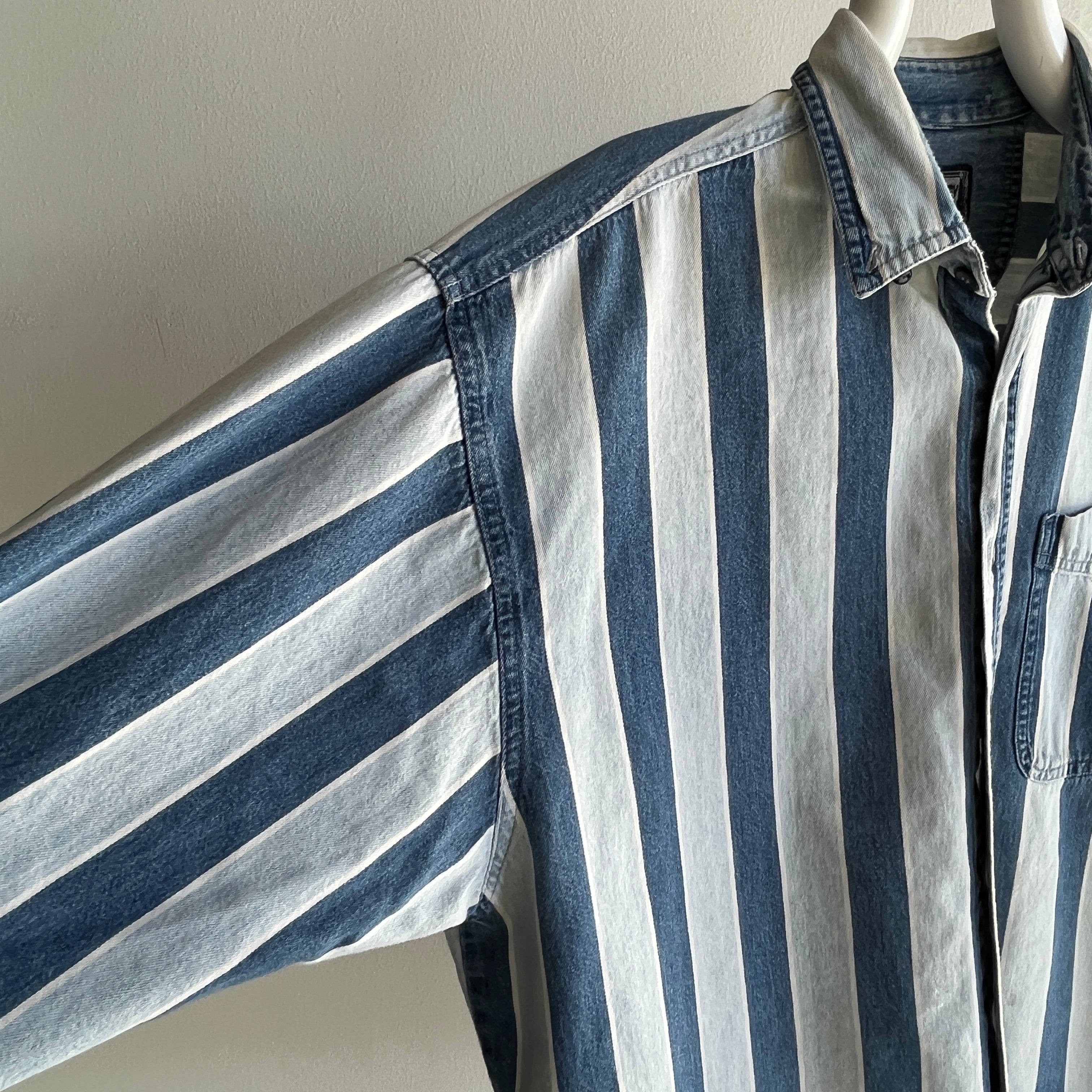 1990s Striped Denim Cotton Button Down Shirt