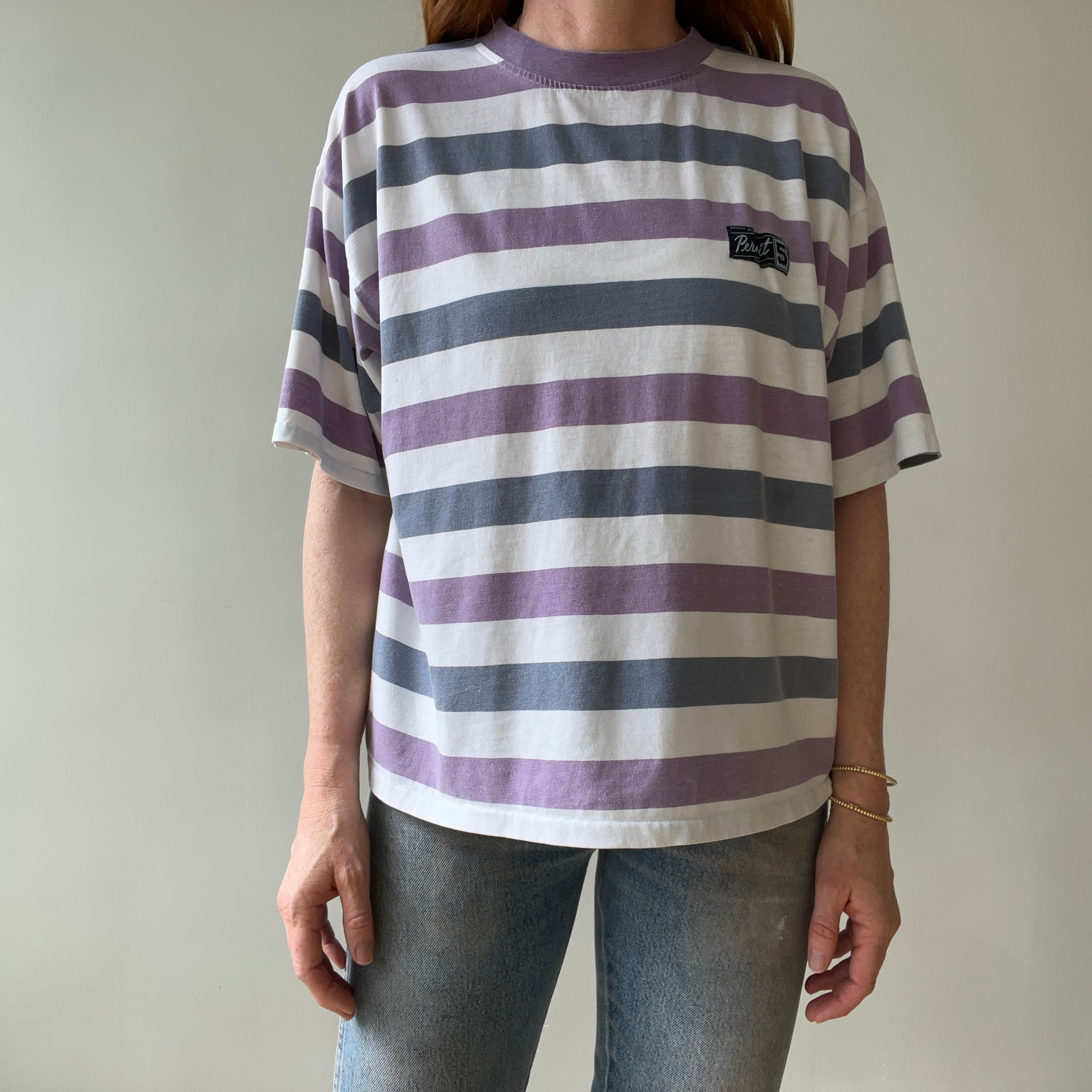 1980s/90s Boxy Pastel Purple Striped T Shirt