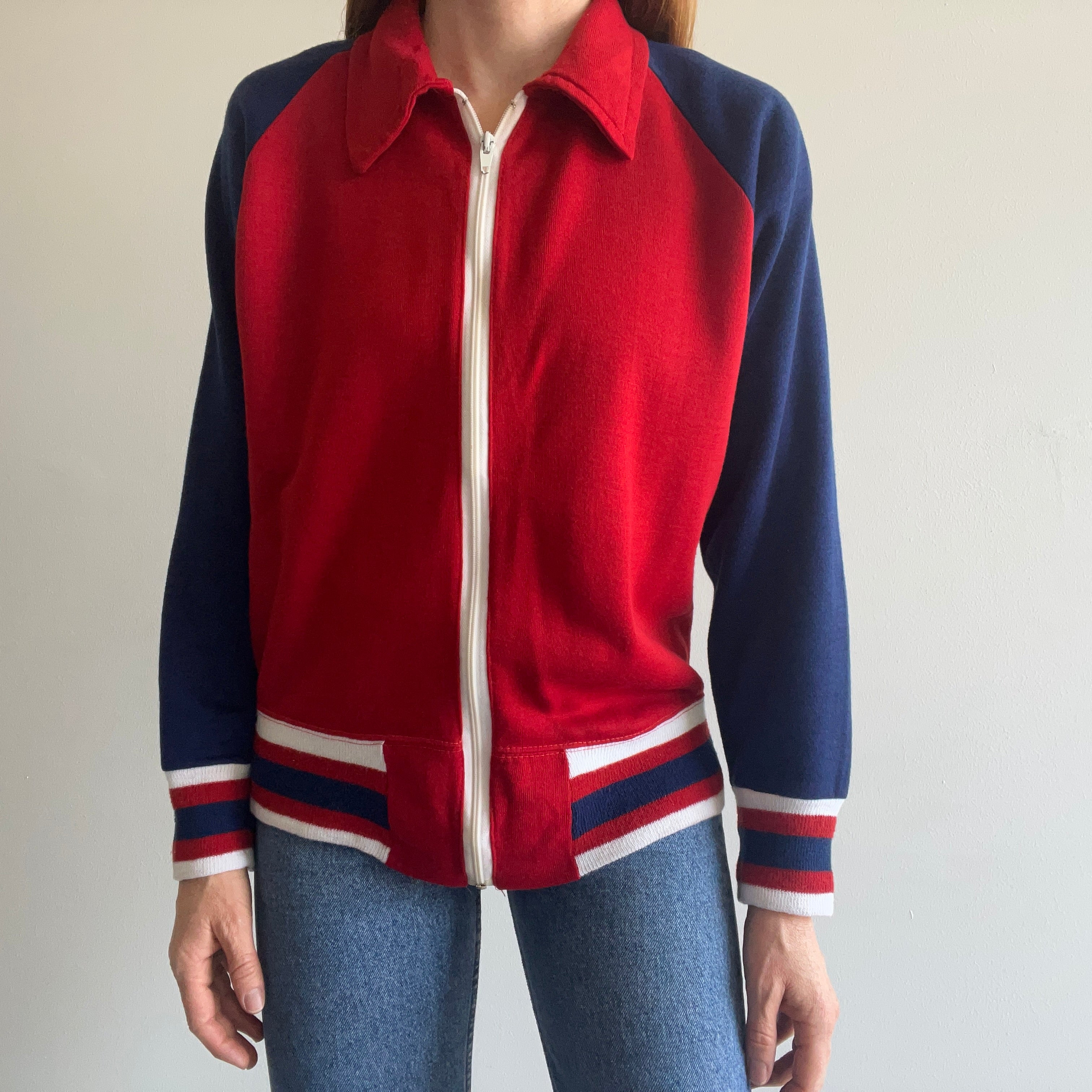 1970s Color Block Zip Up Collared Sweatshirt - WOAH