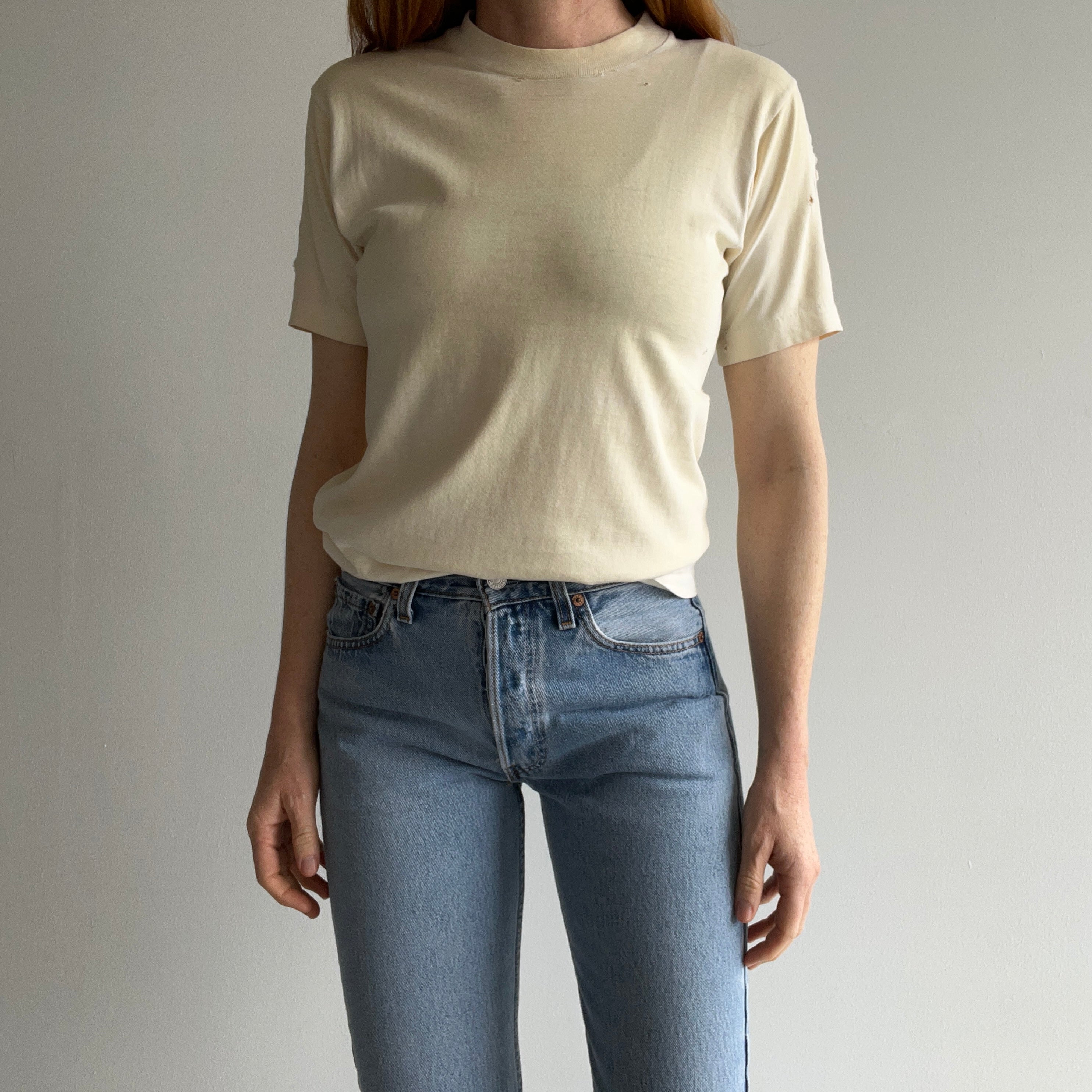 1970s Ecru Patina Blank White Beat Up T-SHirt - Above Average!