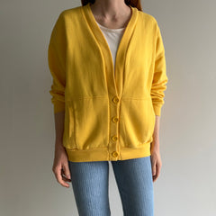 1980s French's Mustard Yellow Sweatshirt Cardigan with Shoulder Pads