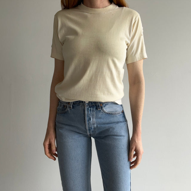 1970s Ecru Patina Blank White Beat Up T-SHirt - Above Average!