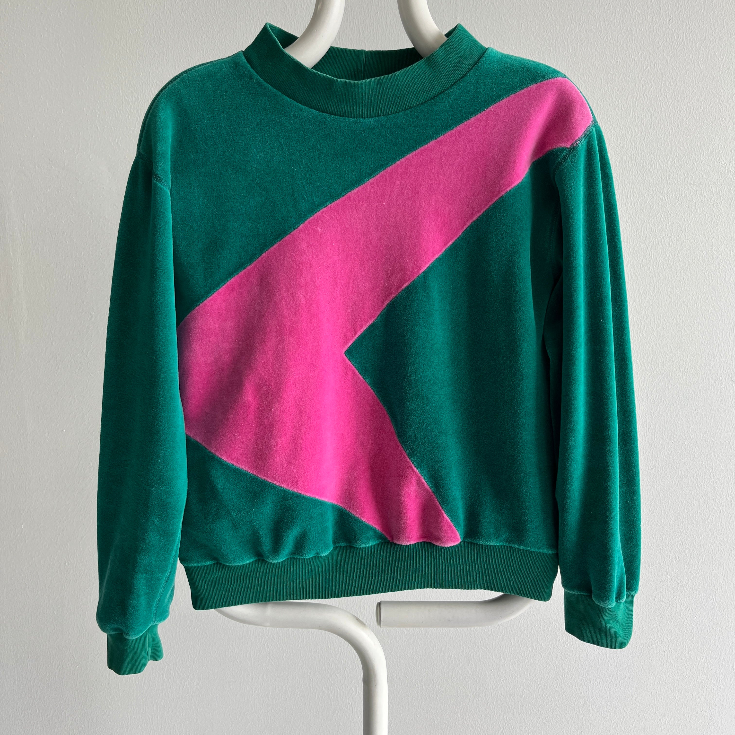 1980s Pink and Green Two Tone Velour Style Sweatshirt - THIS. IS. RAD.