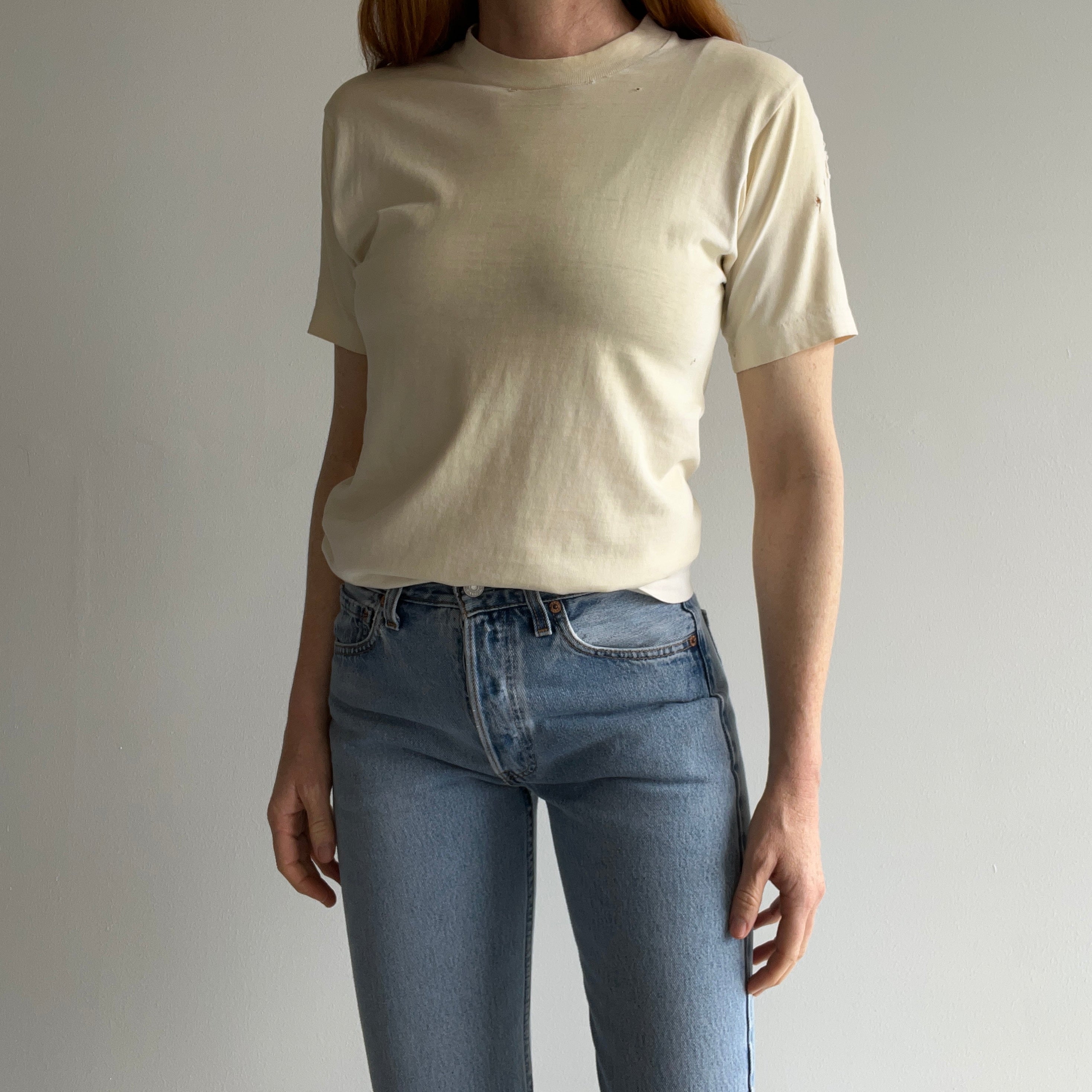 1970s Ecru Patina Blank White Beat Up T-SHirt - Above Average!