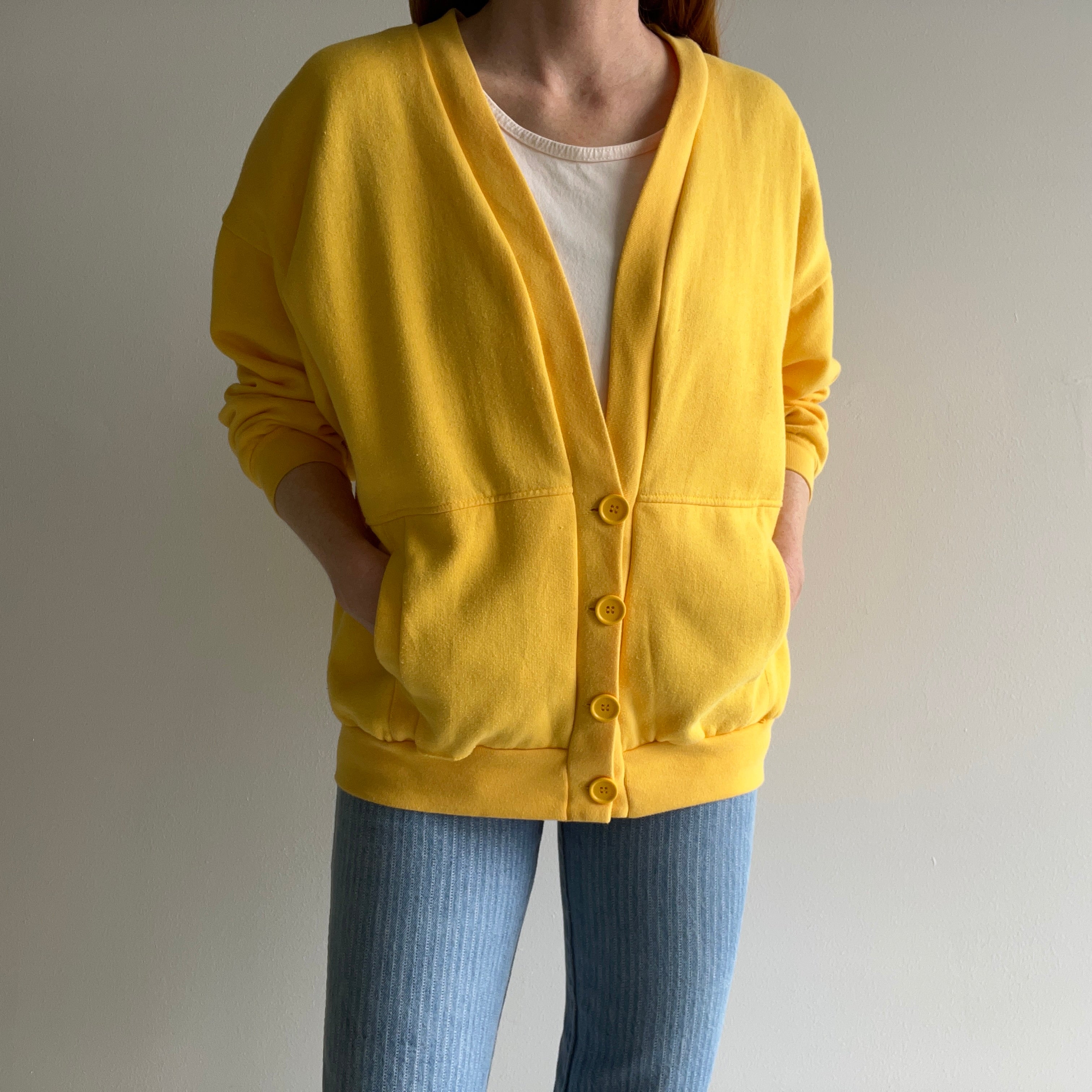 1980s French's Mustard Yellow Sweatshirt Cardigan with Shoulder Pads