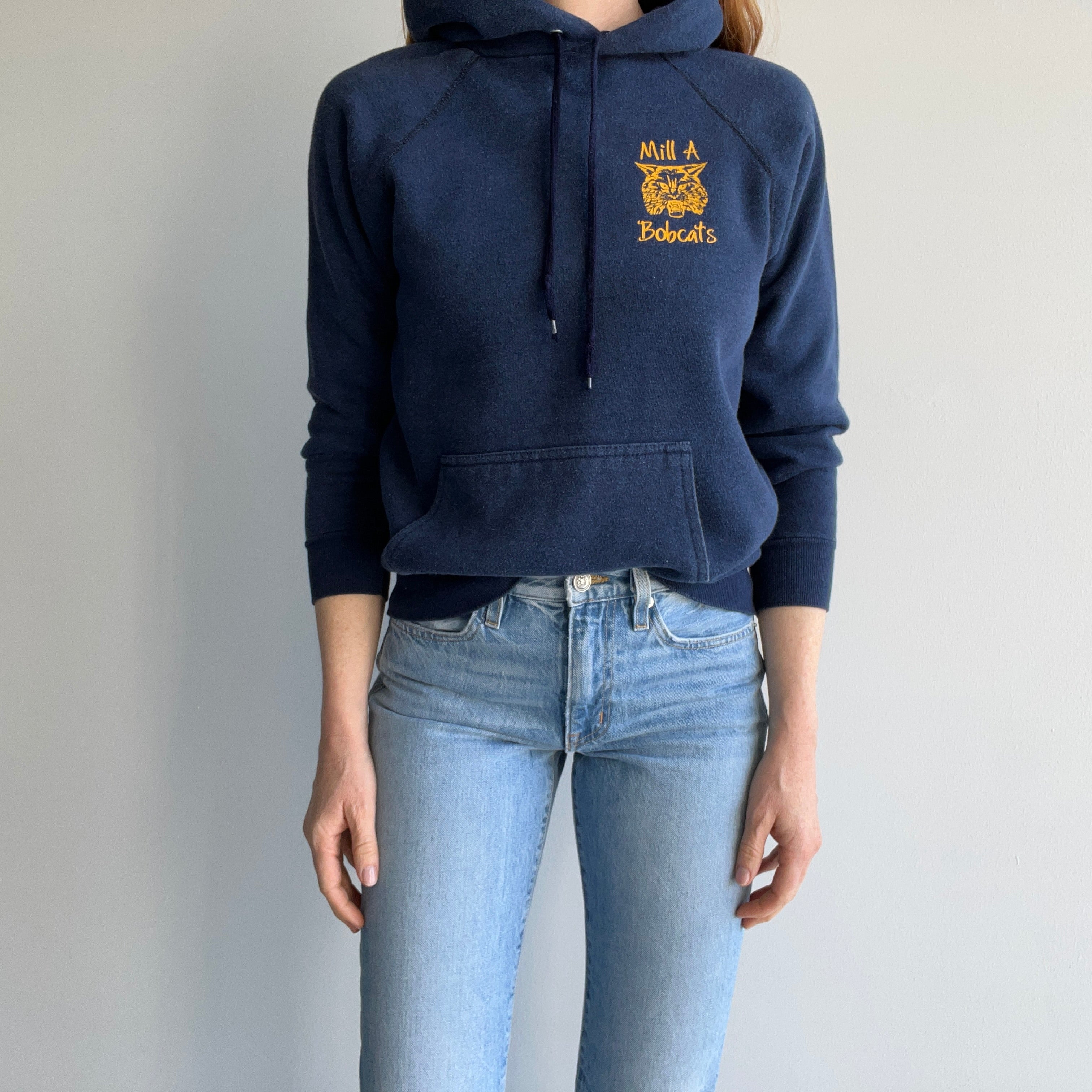 1980s Mill A Bobcats Navy Hoodie by Velva Sheen