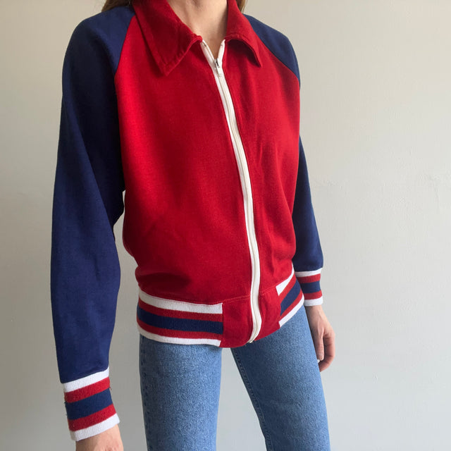 1970s Color Block Zip Up Collared Sweatshirt - WOAH