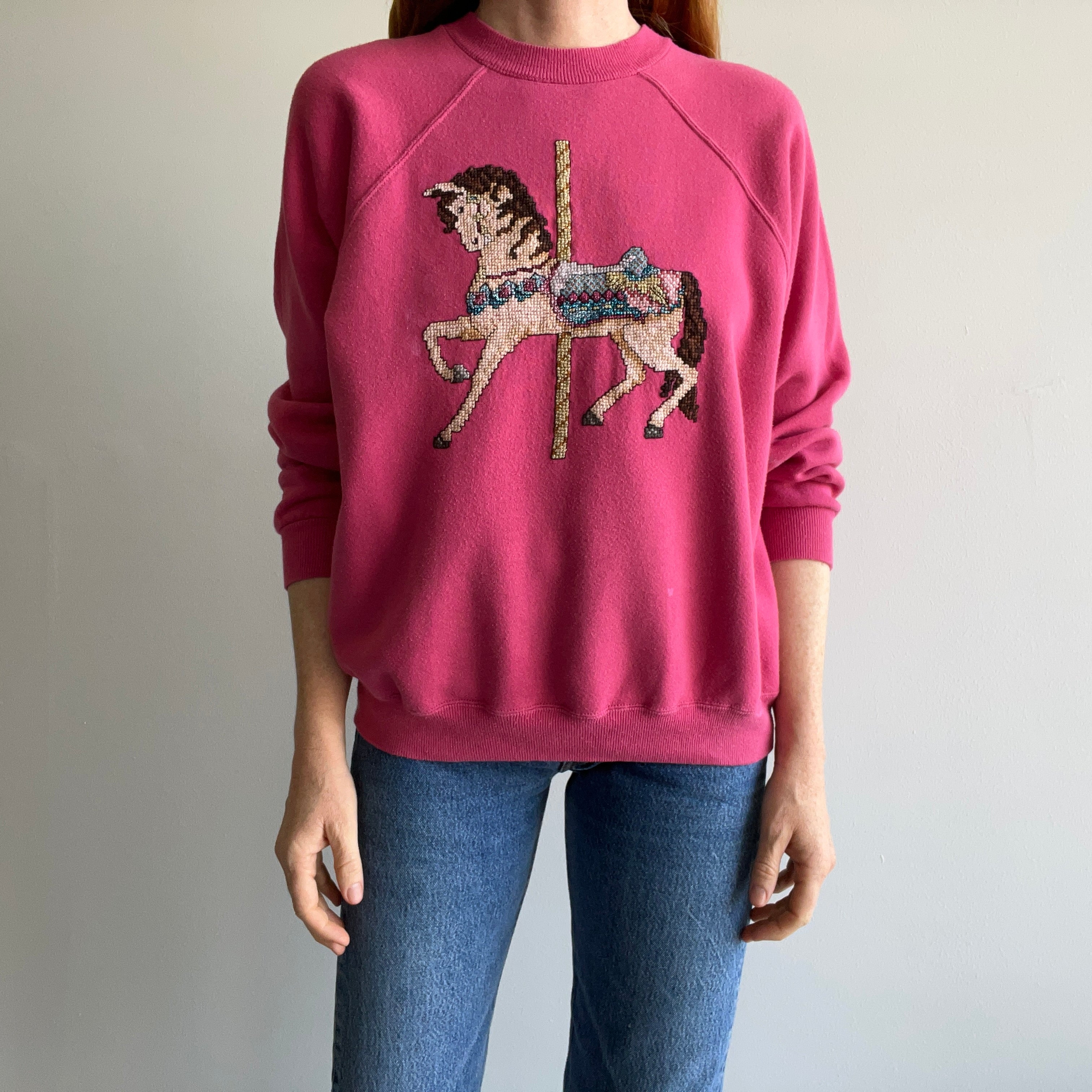 1980s DIY Needlepoint Carousel Horse Sweatshirt - OH, WOW