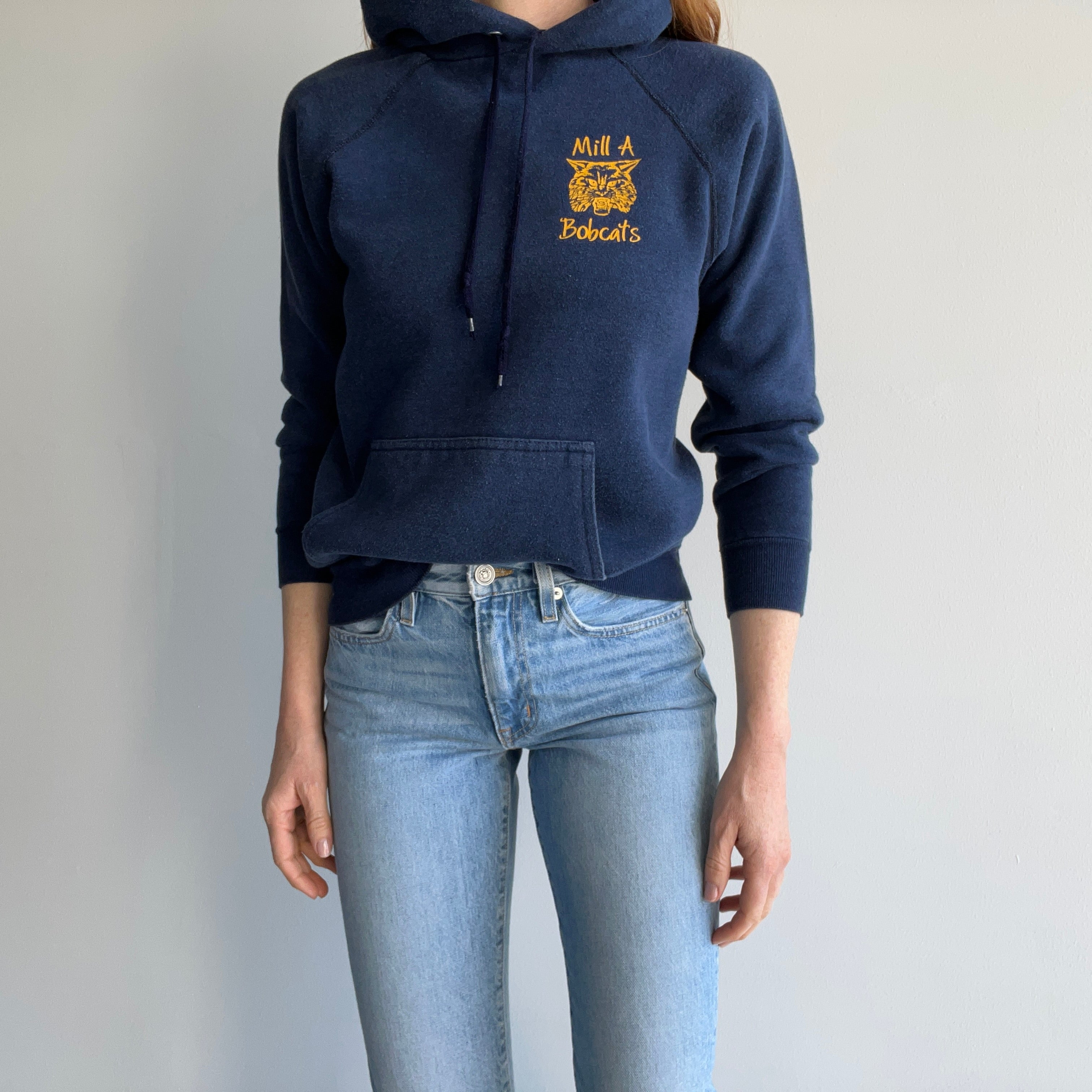 1980s Mill A Bobcats Navy Hoodie by Velva Sheen