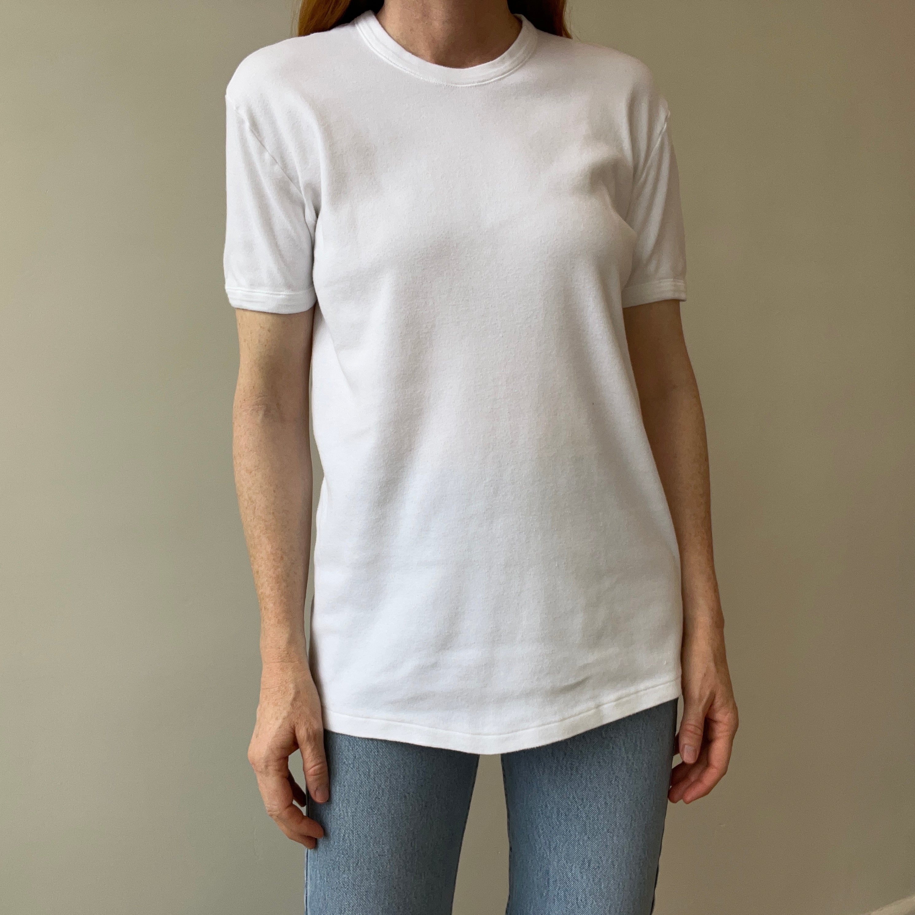 1990/2000 Medium Weight Rolled Neck Knit Blank White Ring T-Shirt