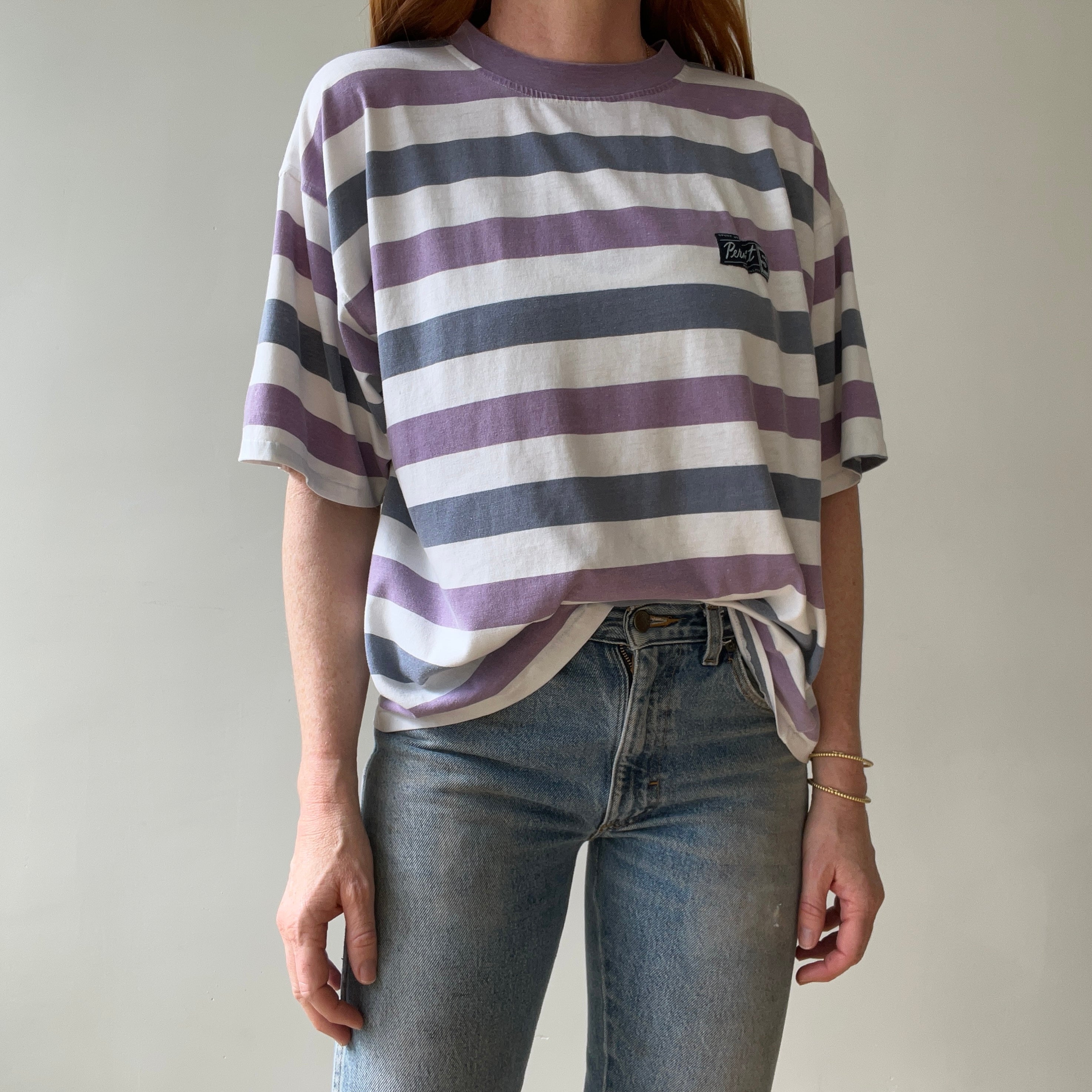 1980s/90s Boxy Pastel Purple Striped T Shirt
